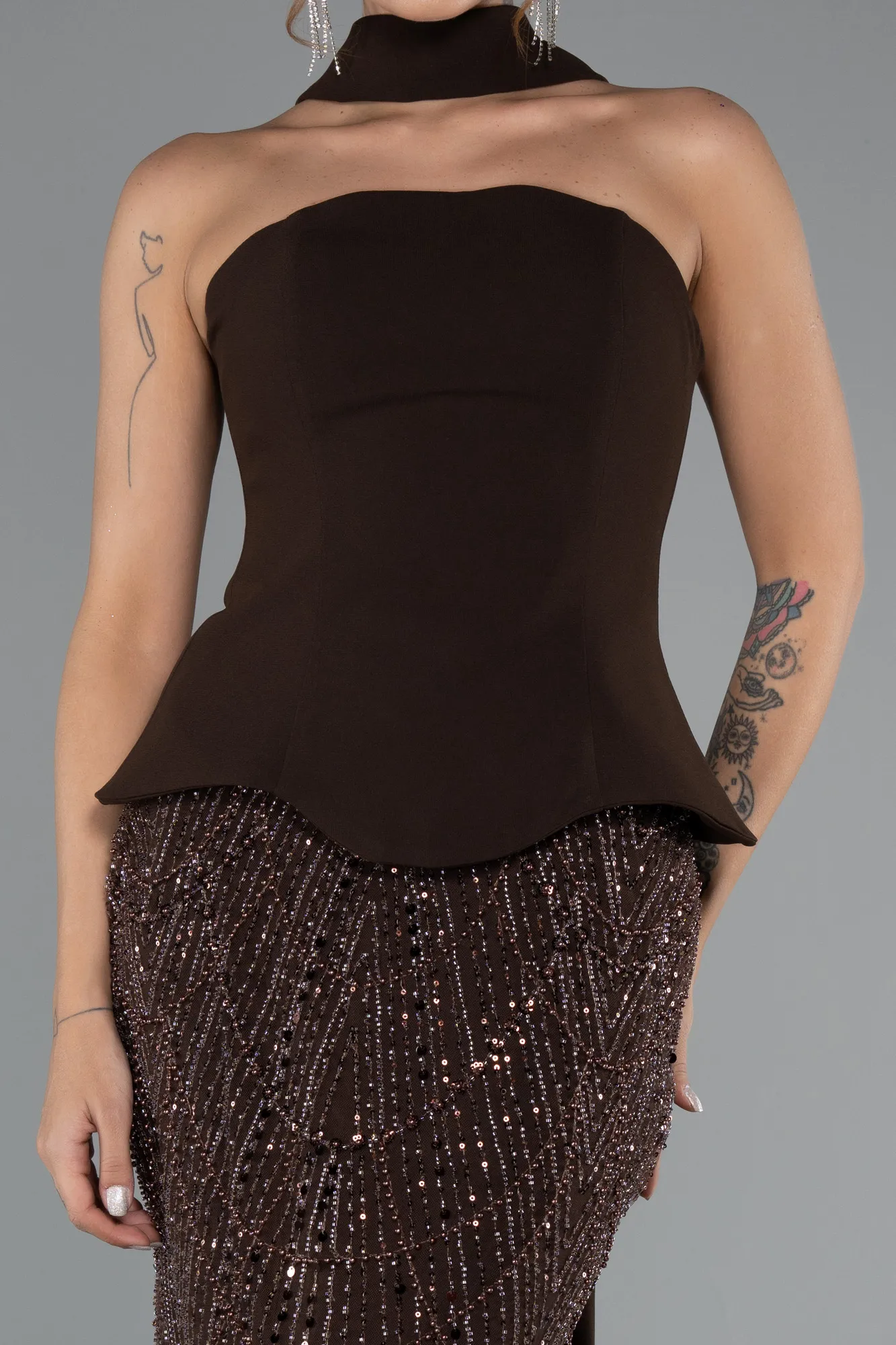 Brown-Long Beaded Evening Dress ABU5131