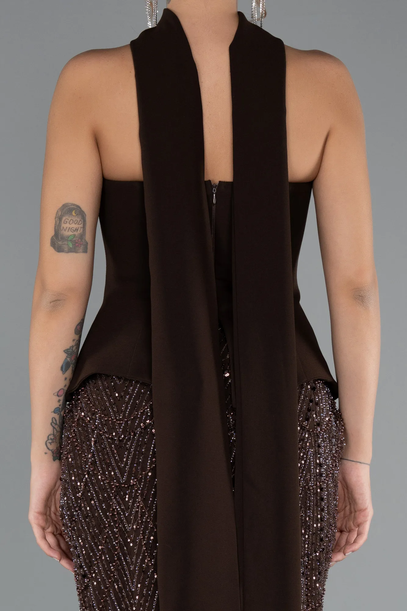 Brown-Long Beaded Evening Dress ABU5131