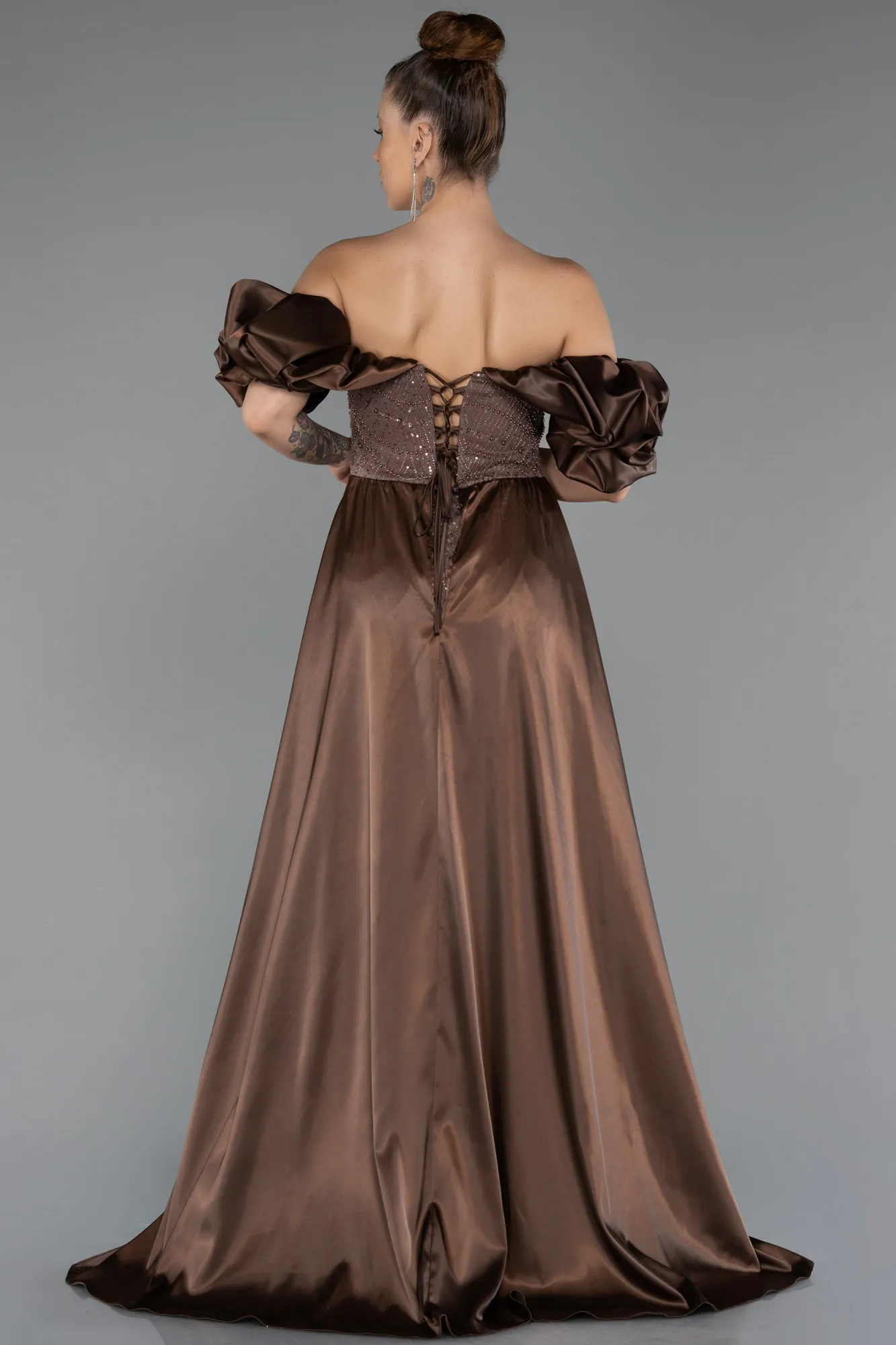 Brown-Long Beaded Evening Dress ABU5154