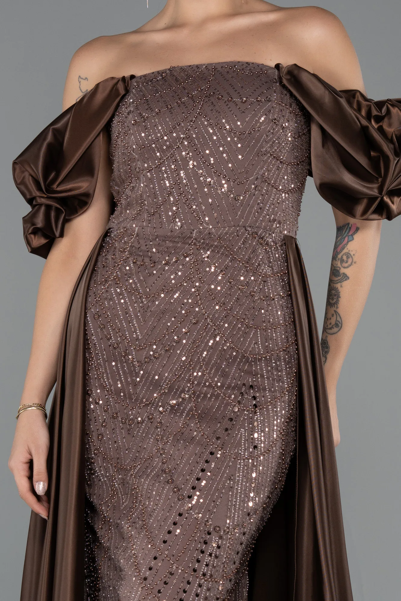 Brown-Long Beaded Evening Dress ABU5154