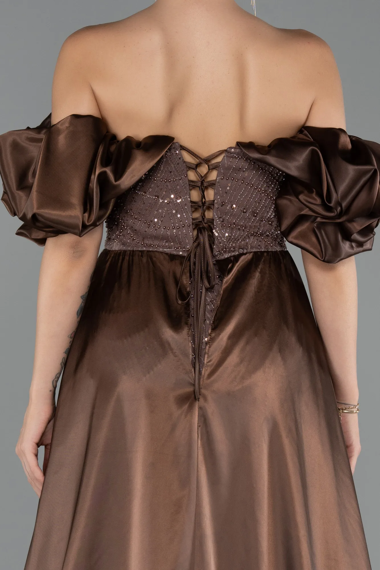 Brown-Long Beaded Evening Dress ABU5154