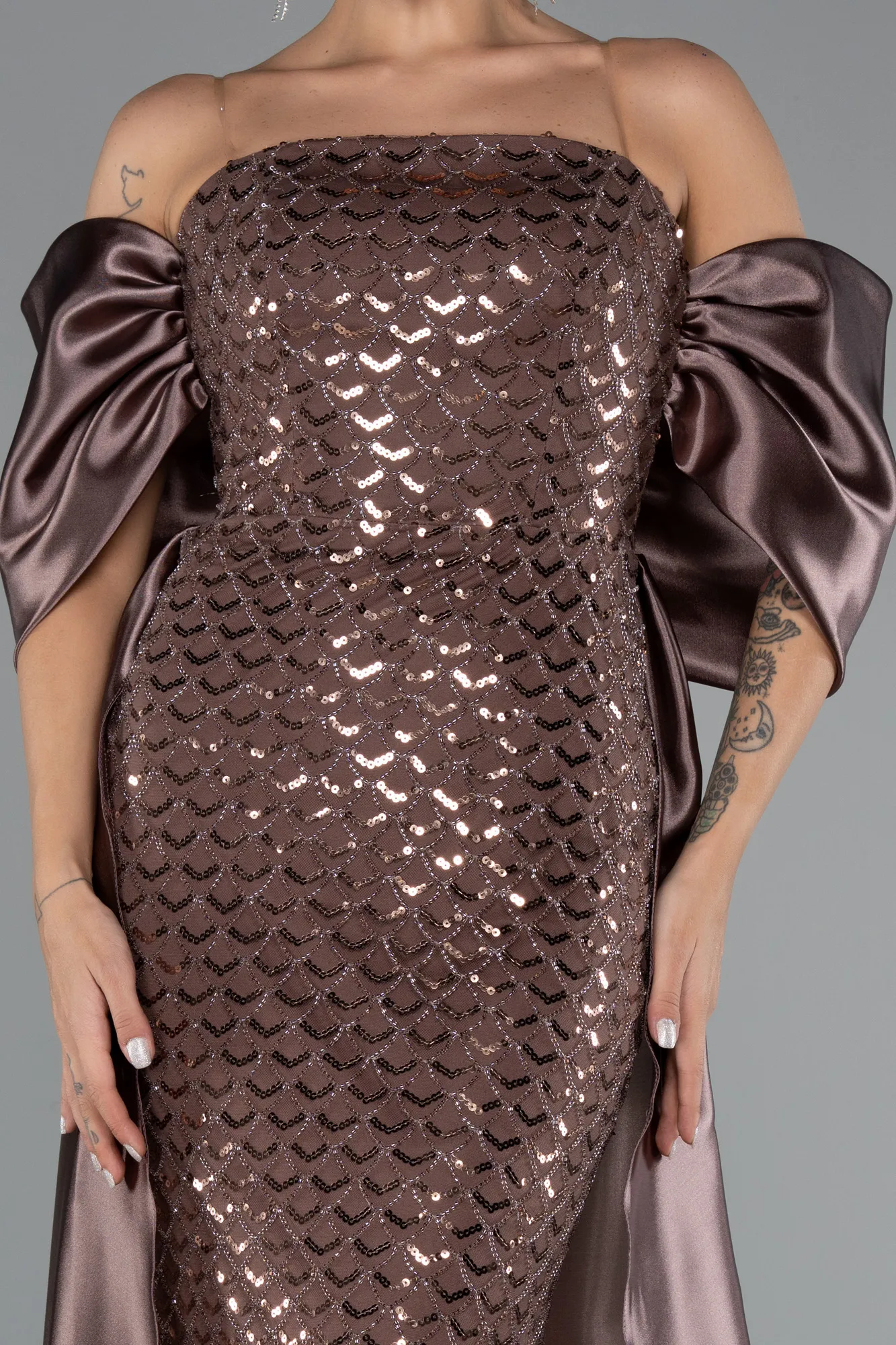 Brown-Long Beaded Evening Dress ABU5234