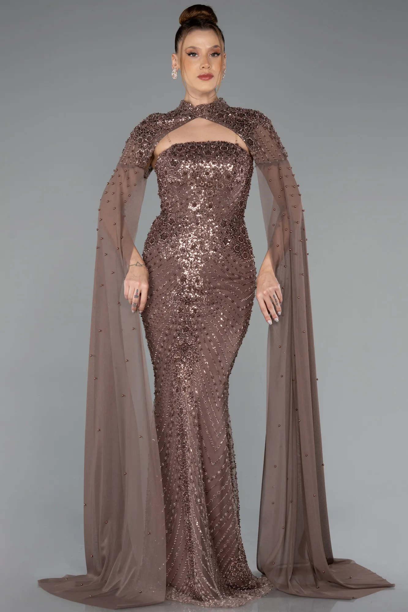 Brown-Long Beaded Evening Dress ABU5363