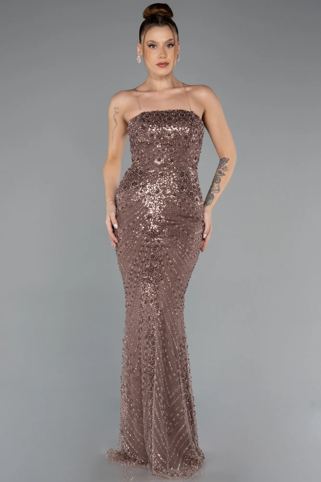 Brown-Long Beaded Evening Dress ABU5363