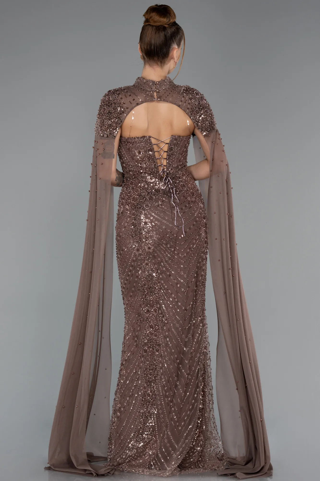 Brown-Long Beaded Evening Dress ABU5363