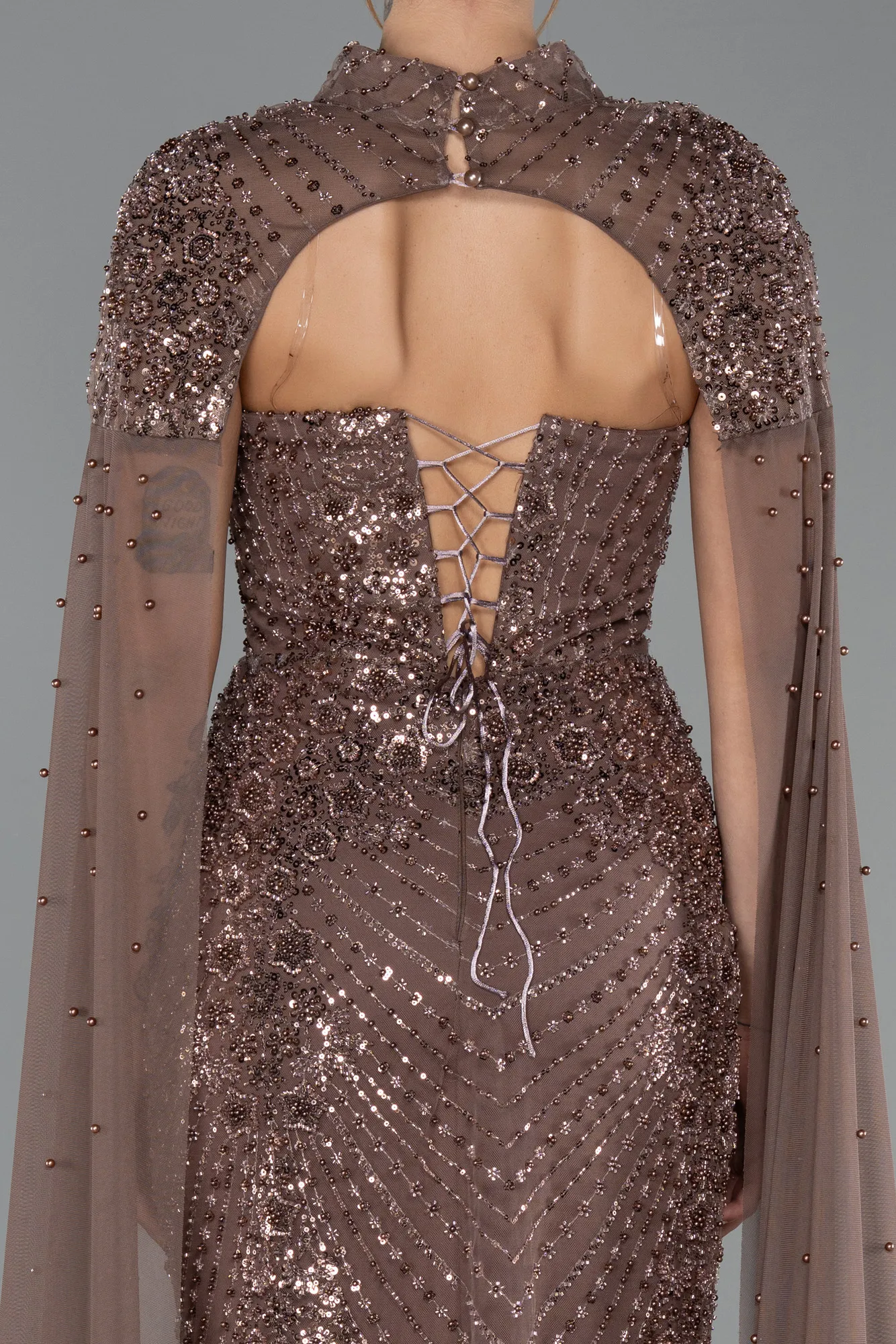 Brown-Long Beaded Evening Dress ABU5363