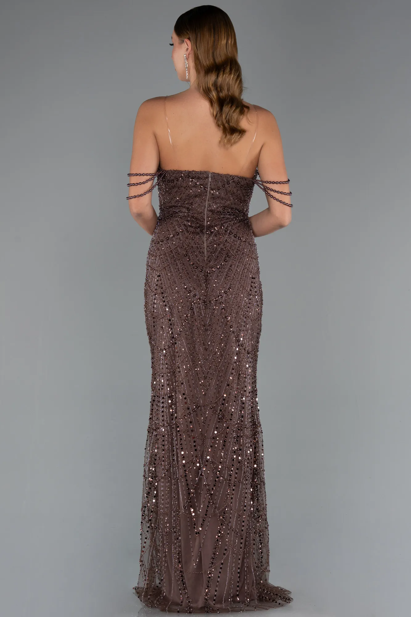 Brown-Long Beaded Evening Dress ABU5477