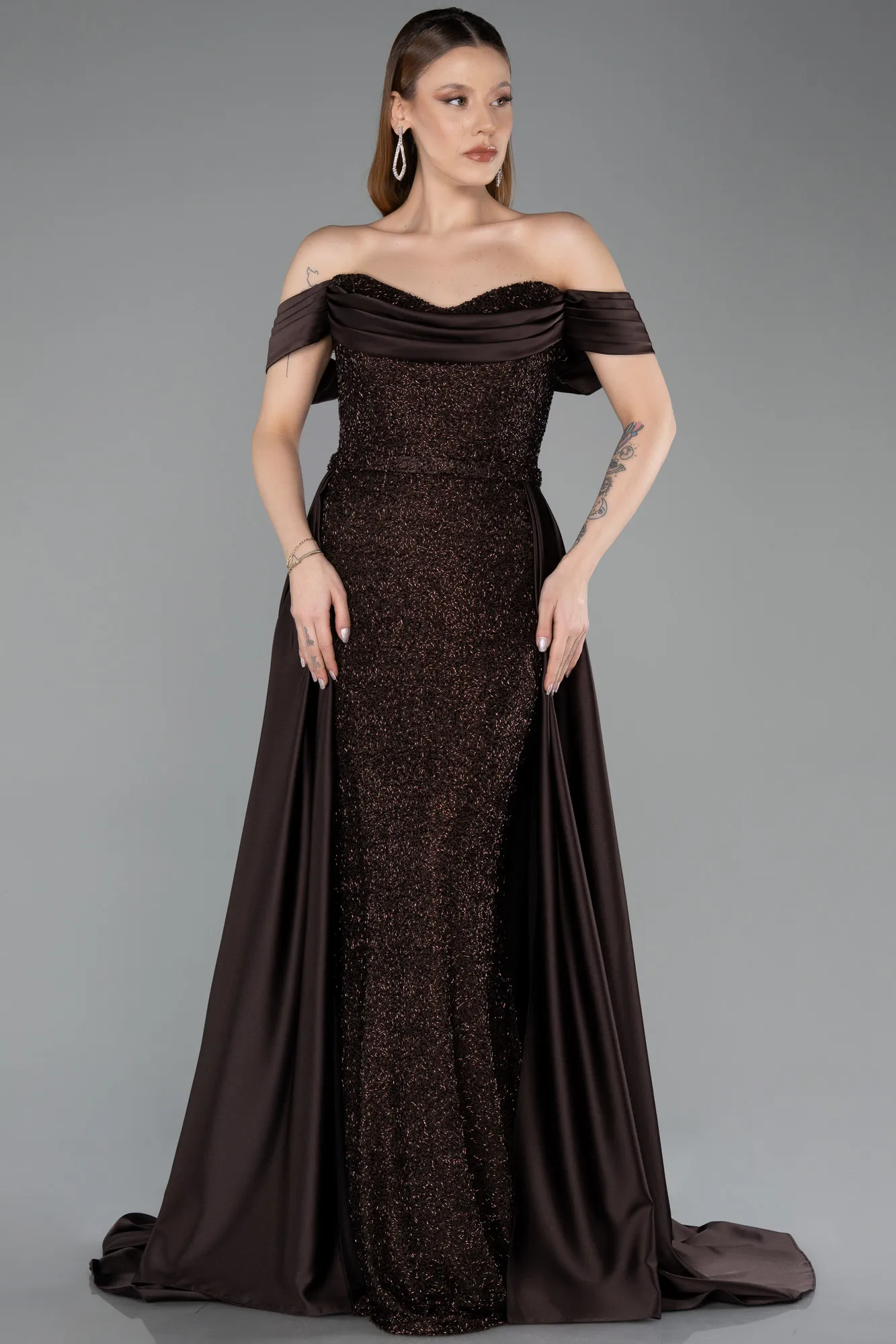 Brown-Long Beaded Evening Dress ABU5542