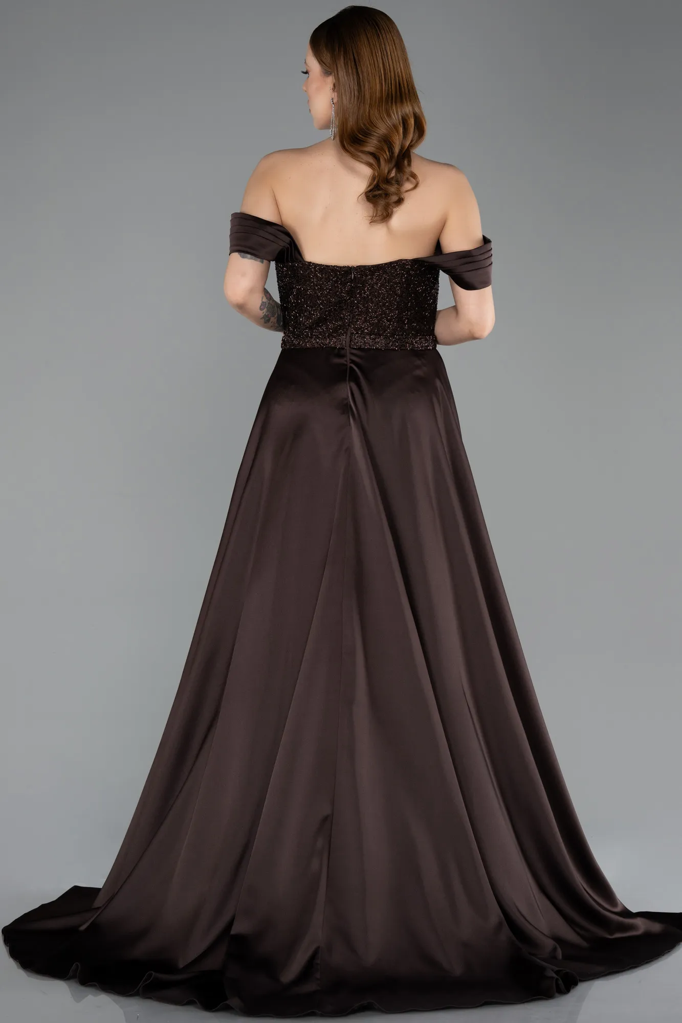Brown-Long Beaded Evening Dress ABU5542