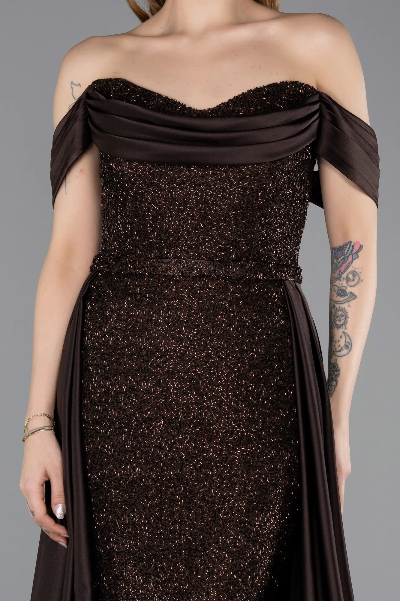 Brown-Long Beaded Evening Dress ABU5542