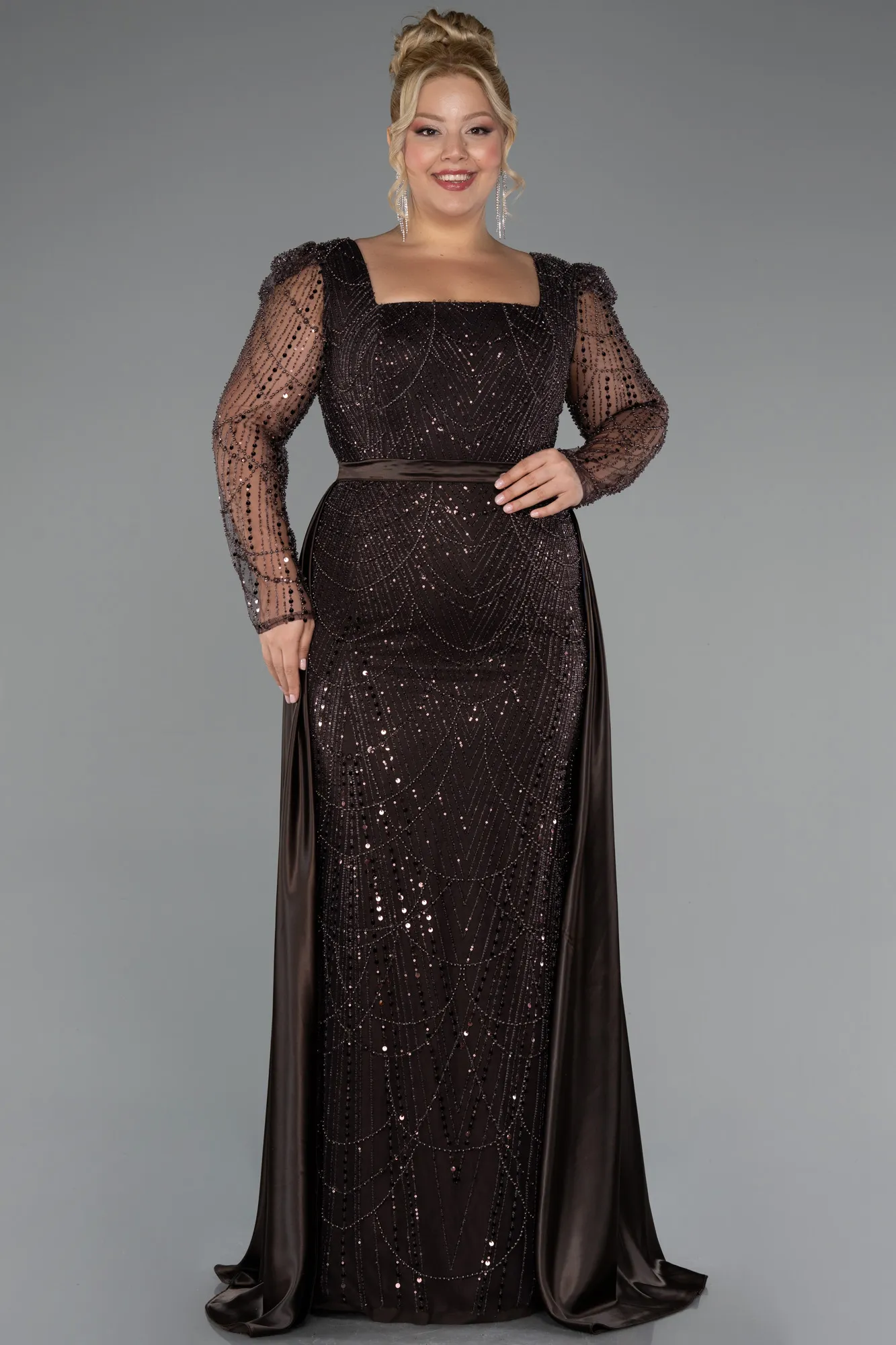 Brown-Long Beaded Plus Size Engagement Dress ABU4761