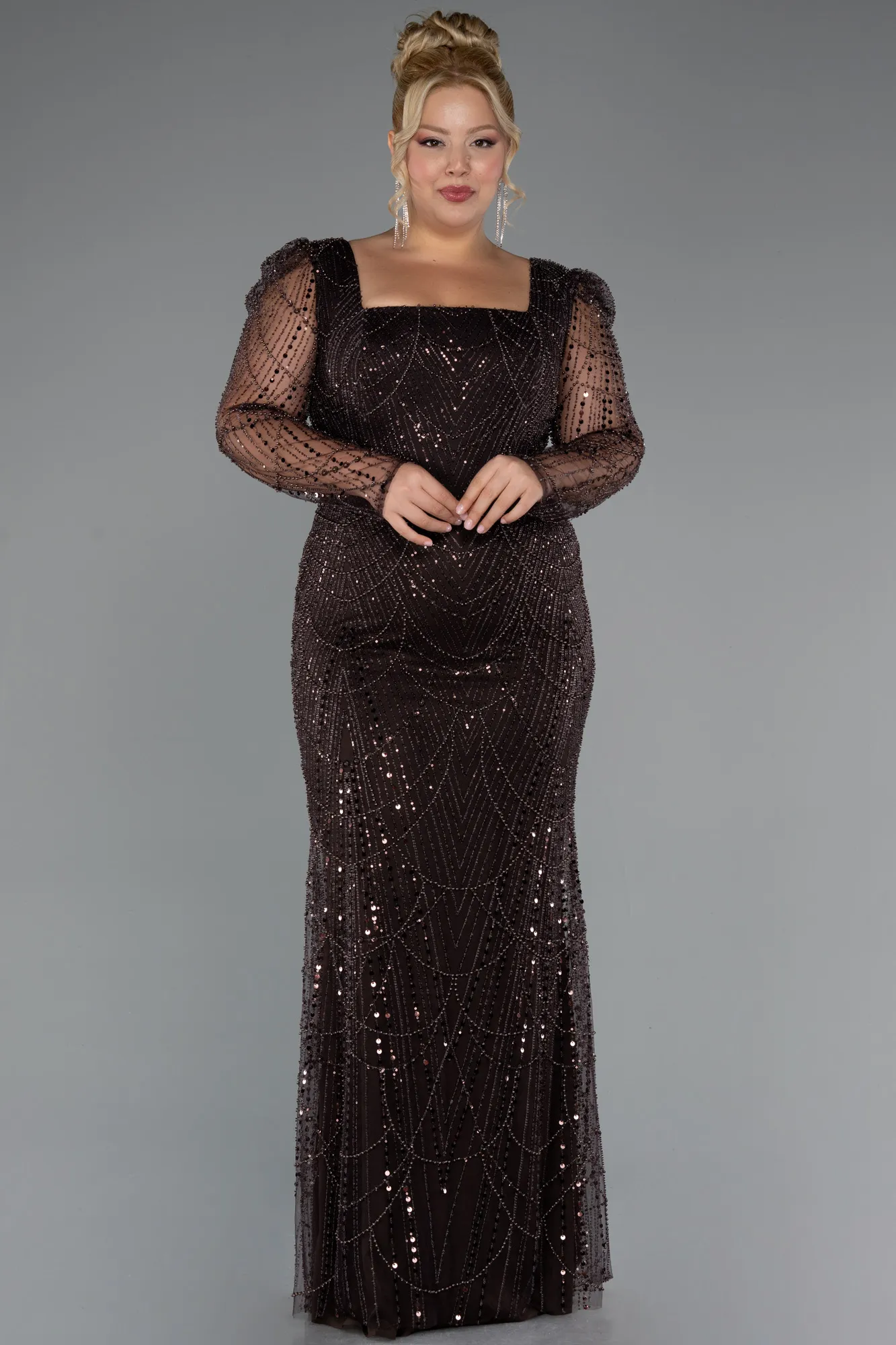 Brown-Long Beaded Plus Size Engagement Dress ABU4761