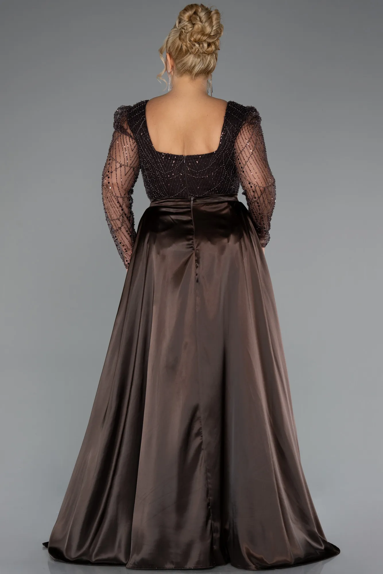 Brown-Long Beaded Plus Size Engagement Dress ABU4761