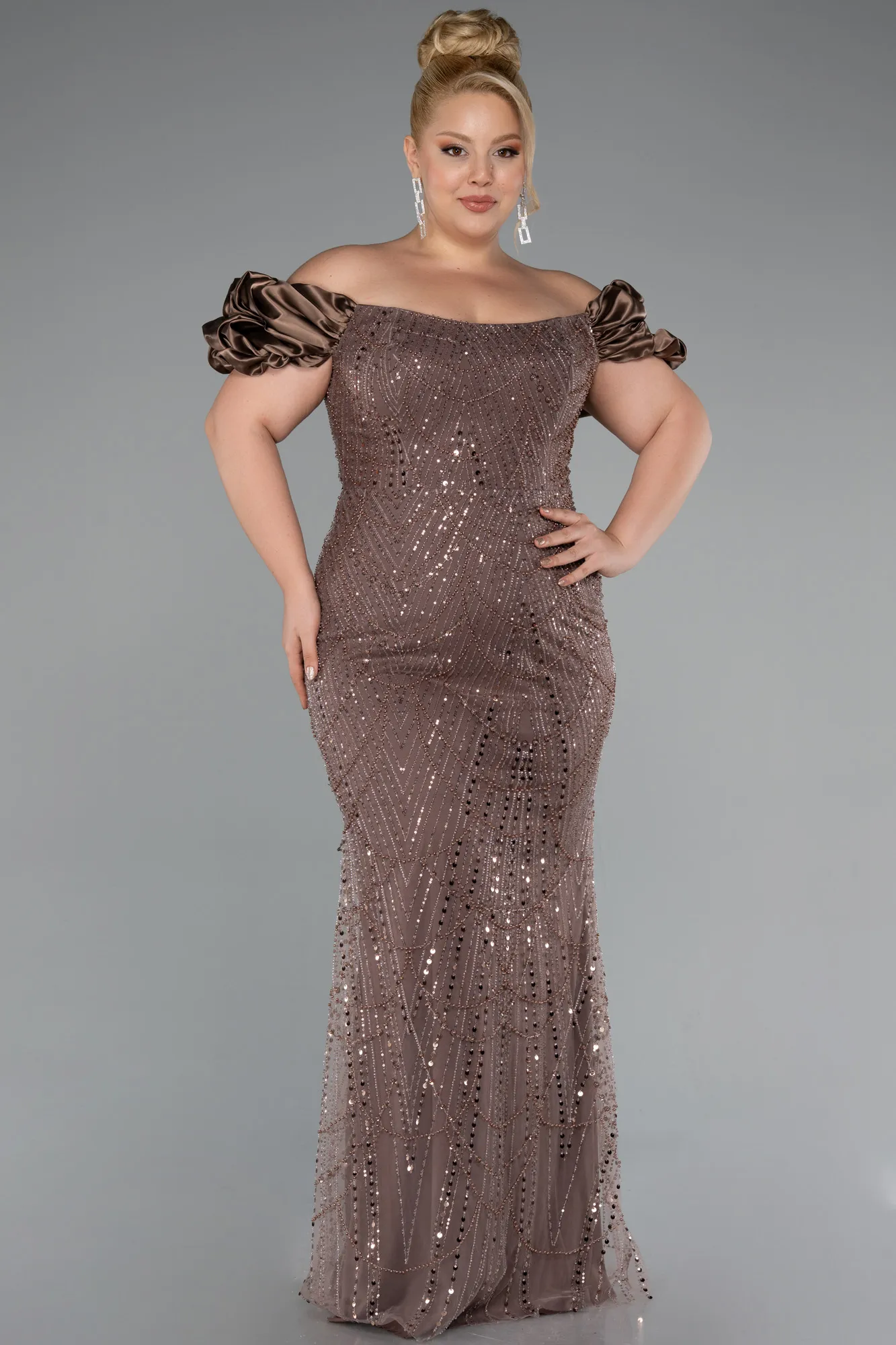 Brown-Long Beaded Plus Size Engagement Dress ABU4788