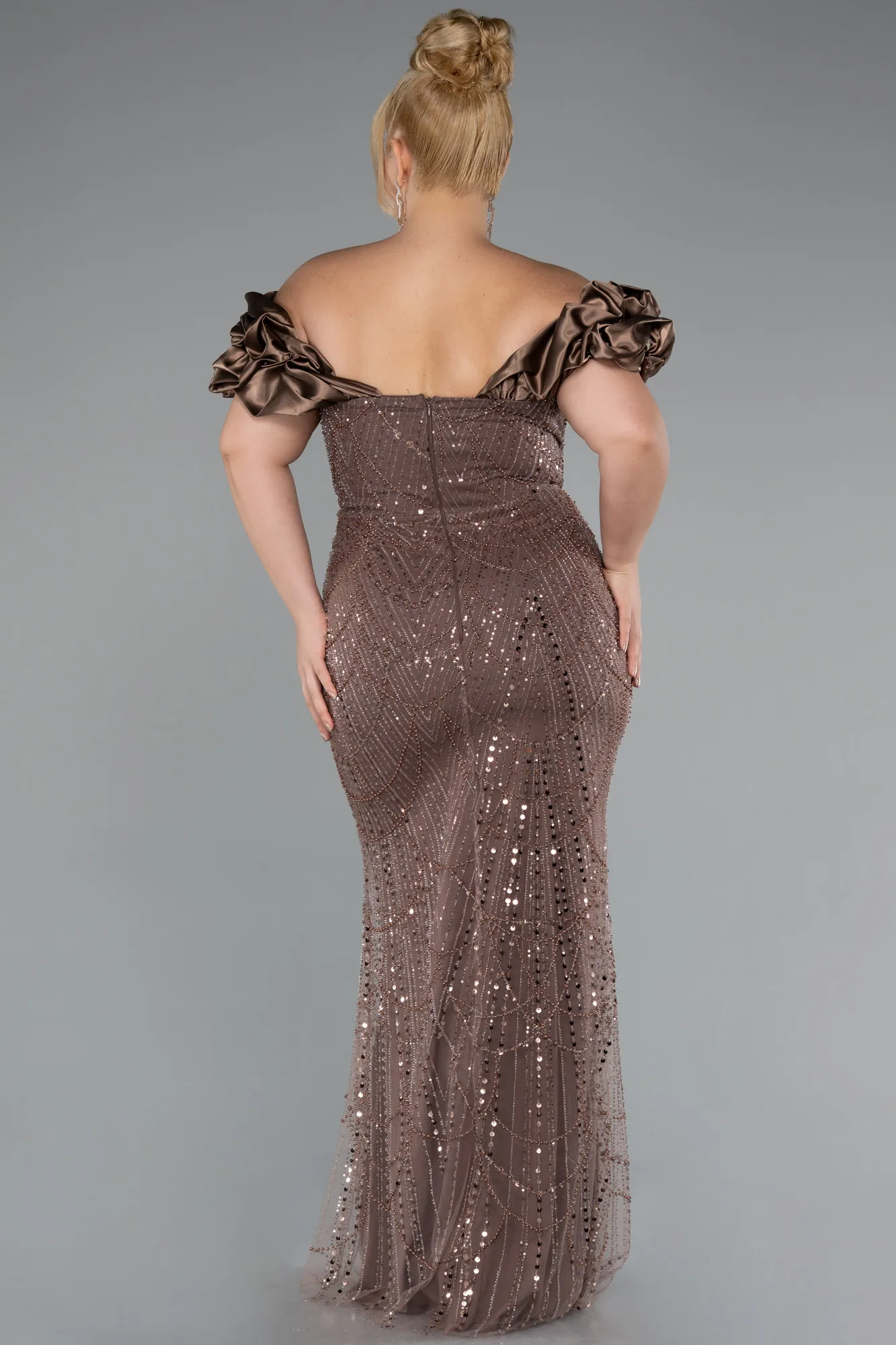 Brown-Long Beaded Plus Size Engagement Dress ABU4788