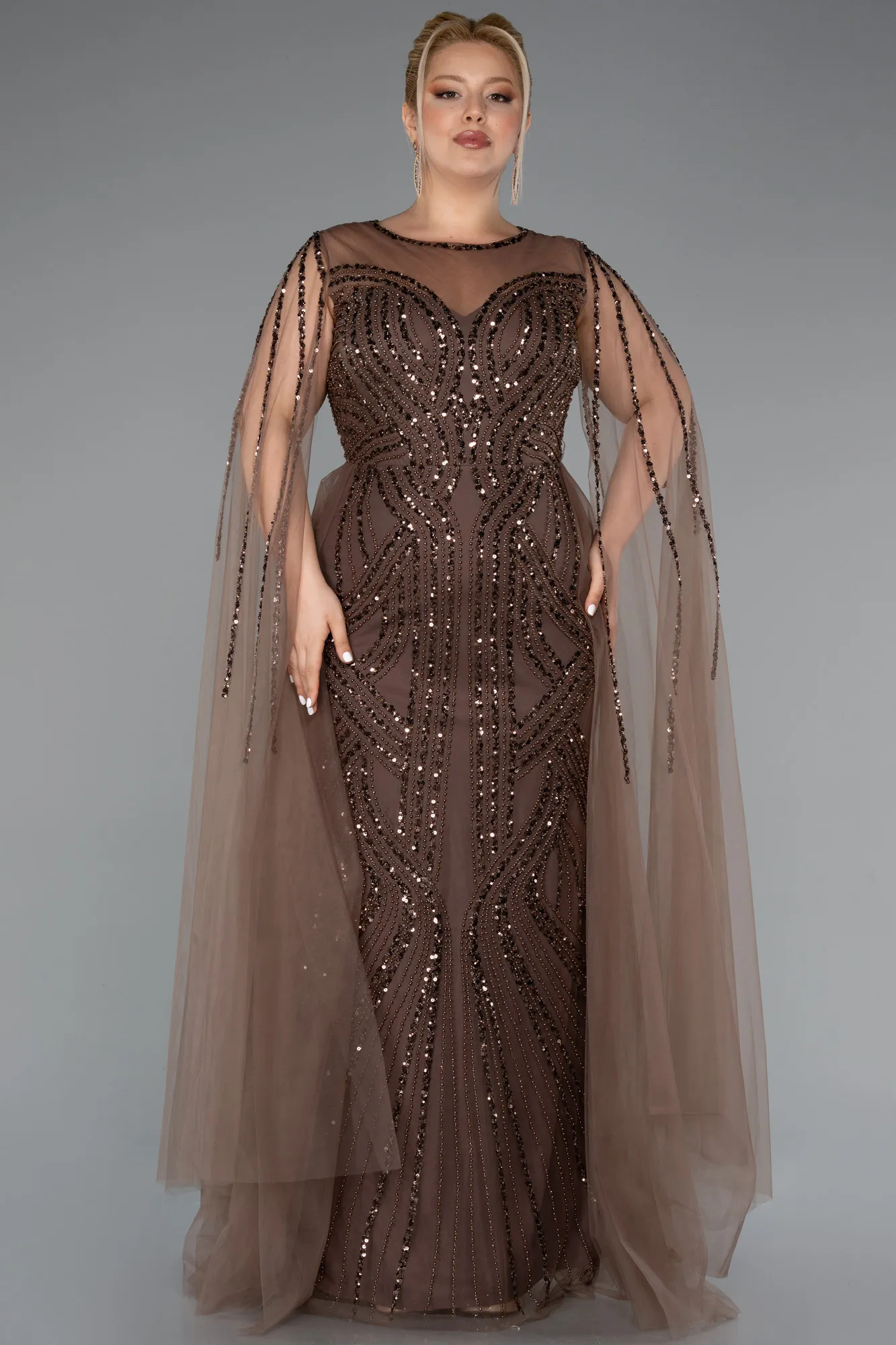 Brown-Long Beaded Plus Size Engagement Dress ABU5050