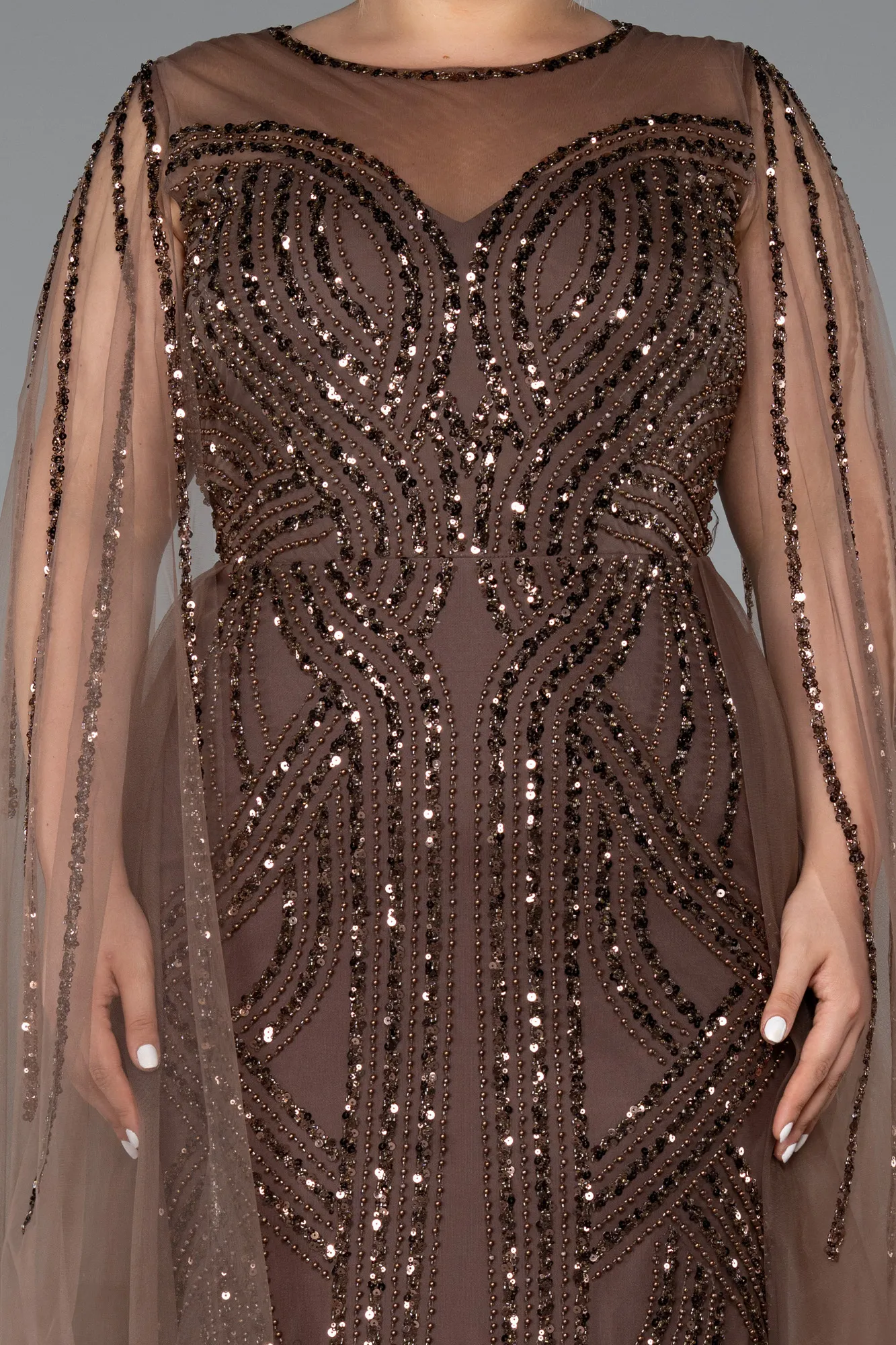 Brown-Long Beaded Plus Size Engagement Dress ABU5050