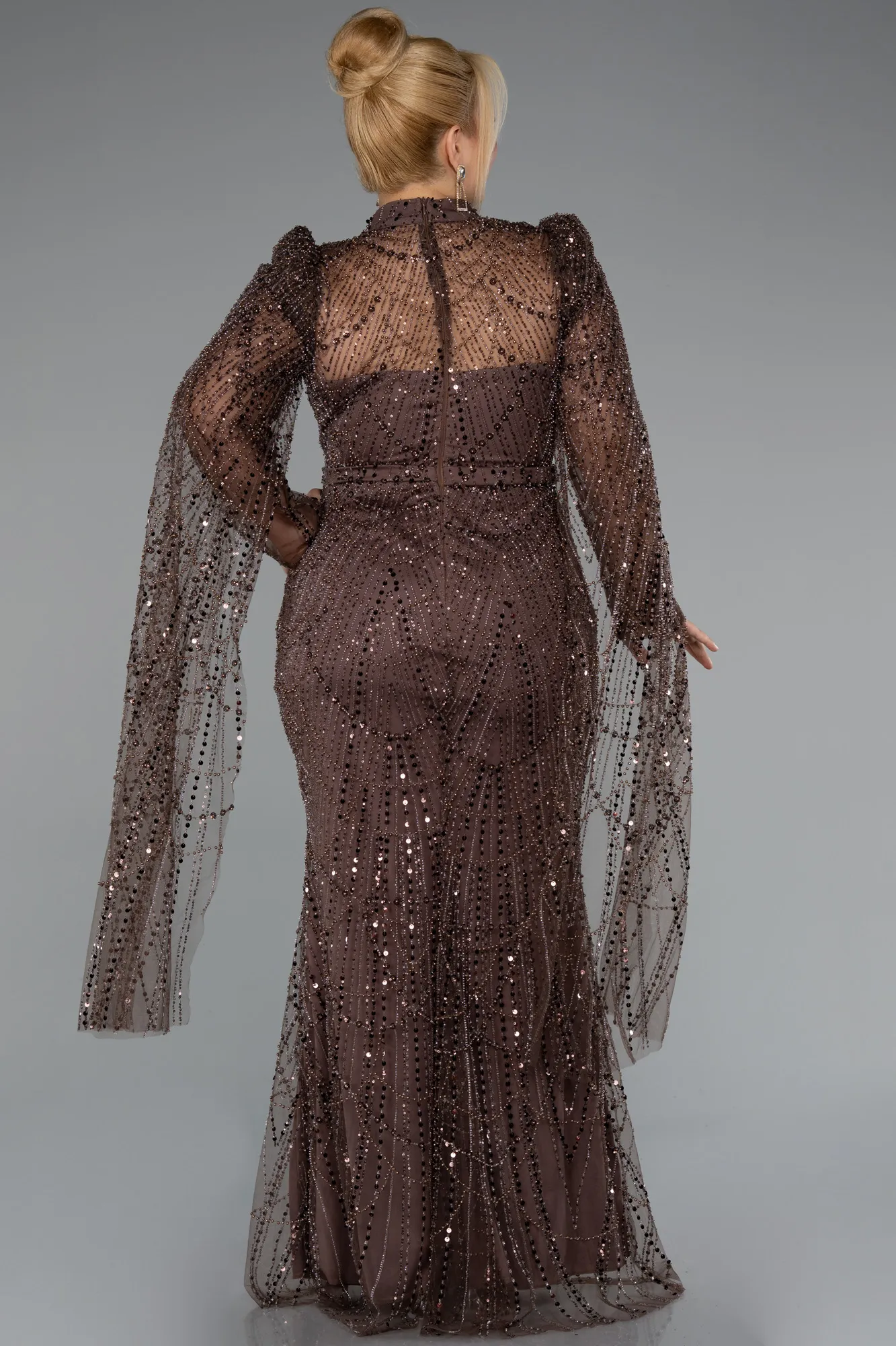 Brown-Long Beaded Plus Size Engagement Dress ABU5153