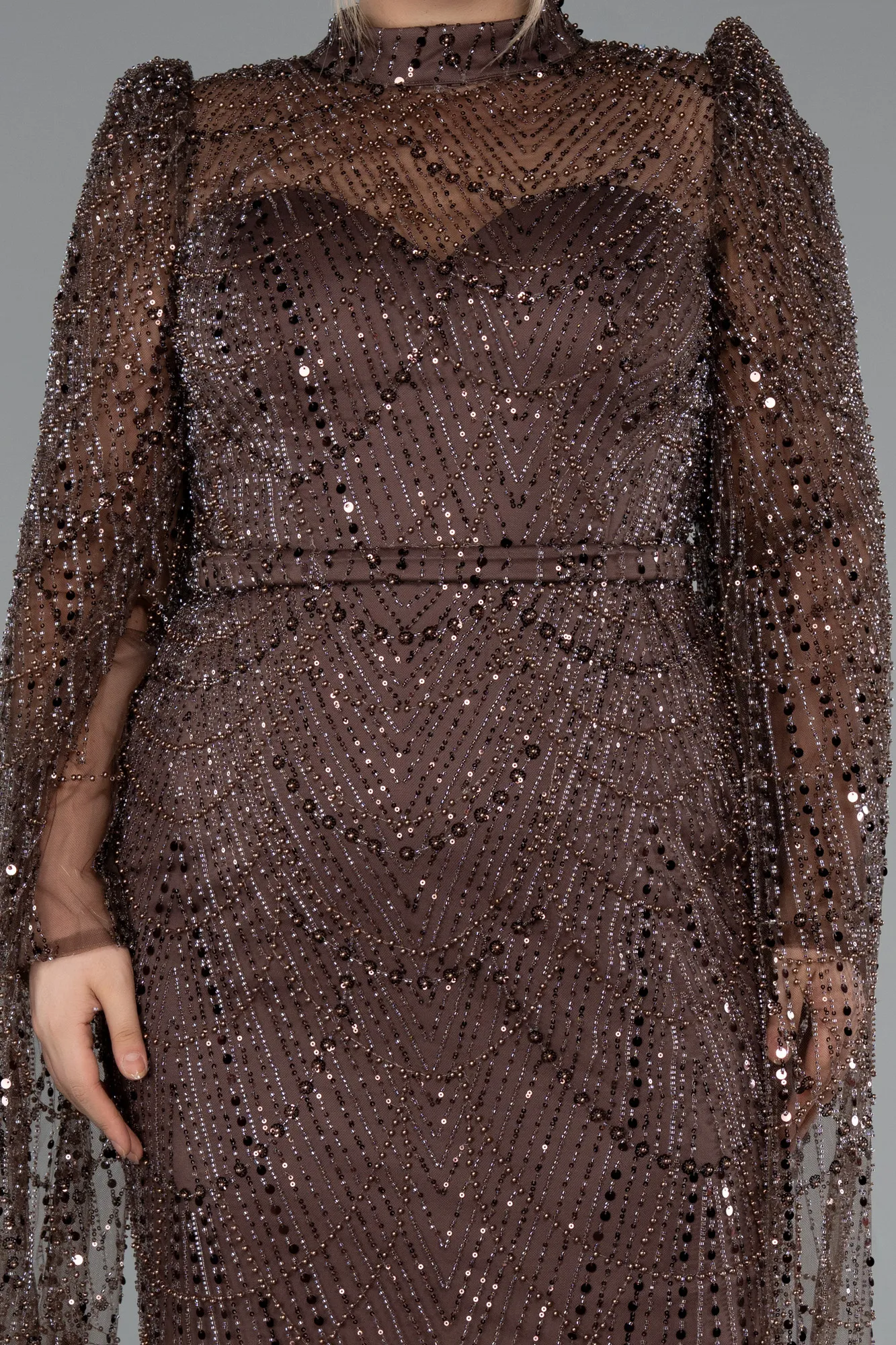 Brown-Long Beaded Plus Size Engagement Dress ABU5153