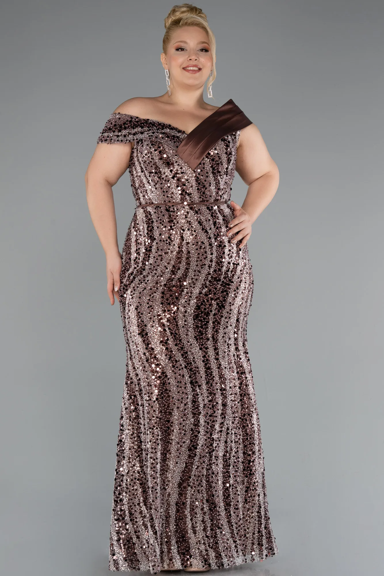 Brown-Long Beaded Plus Size Engagement Dress ABU5191