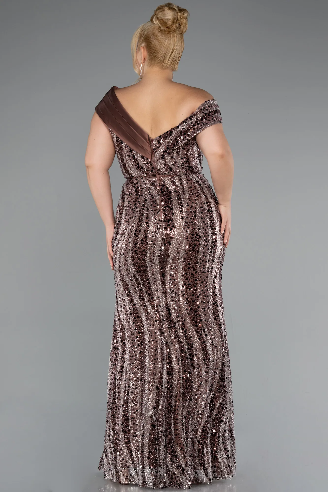 Brown-Long Beaded Plus Size Engagement Dress ABU5191
