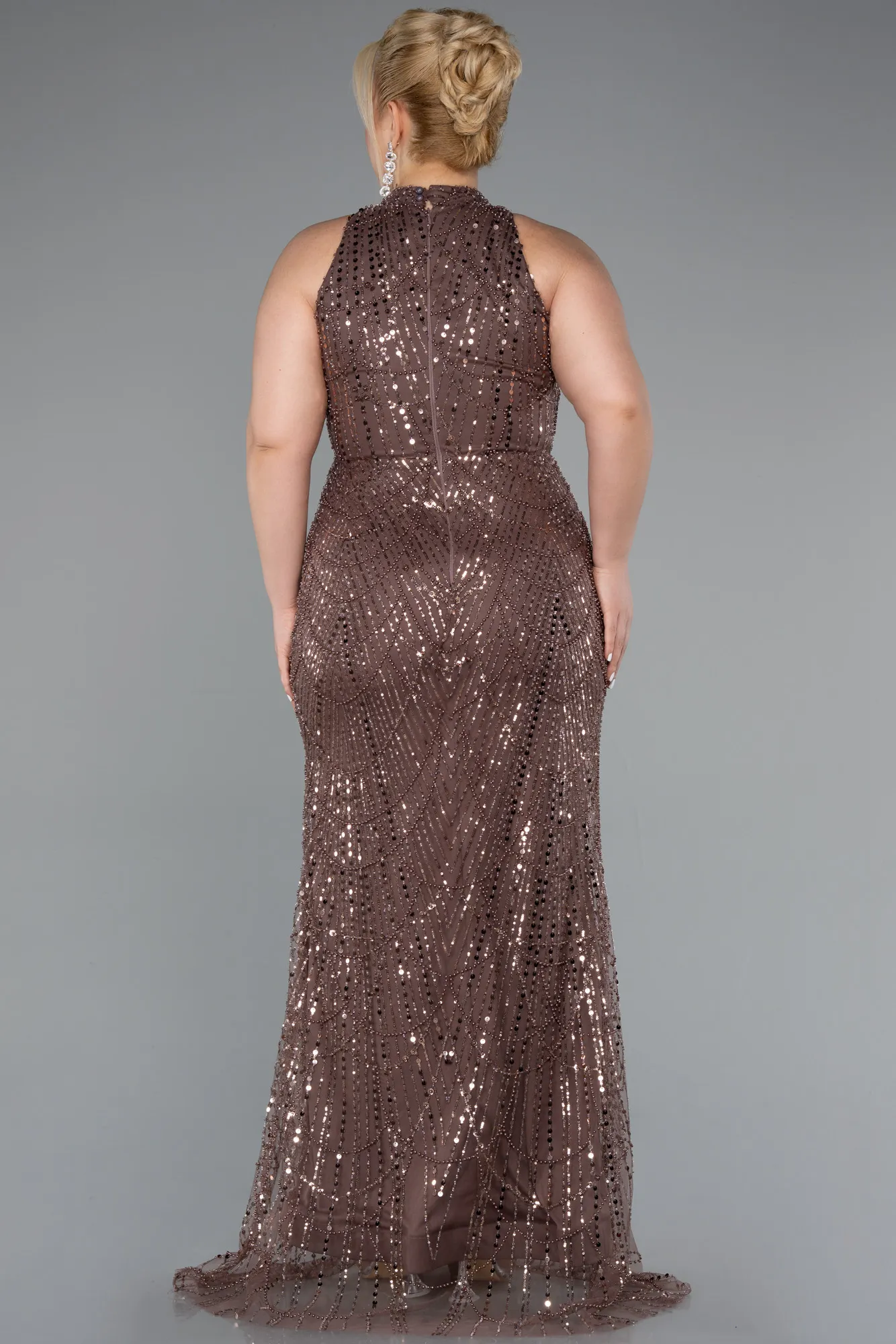 Brown-Long Beaded Plus Size Evening Dress ABU5063