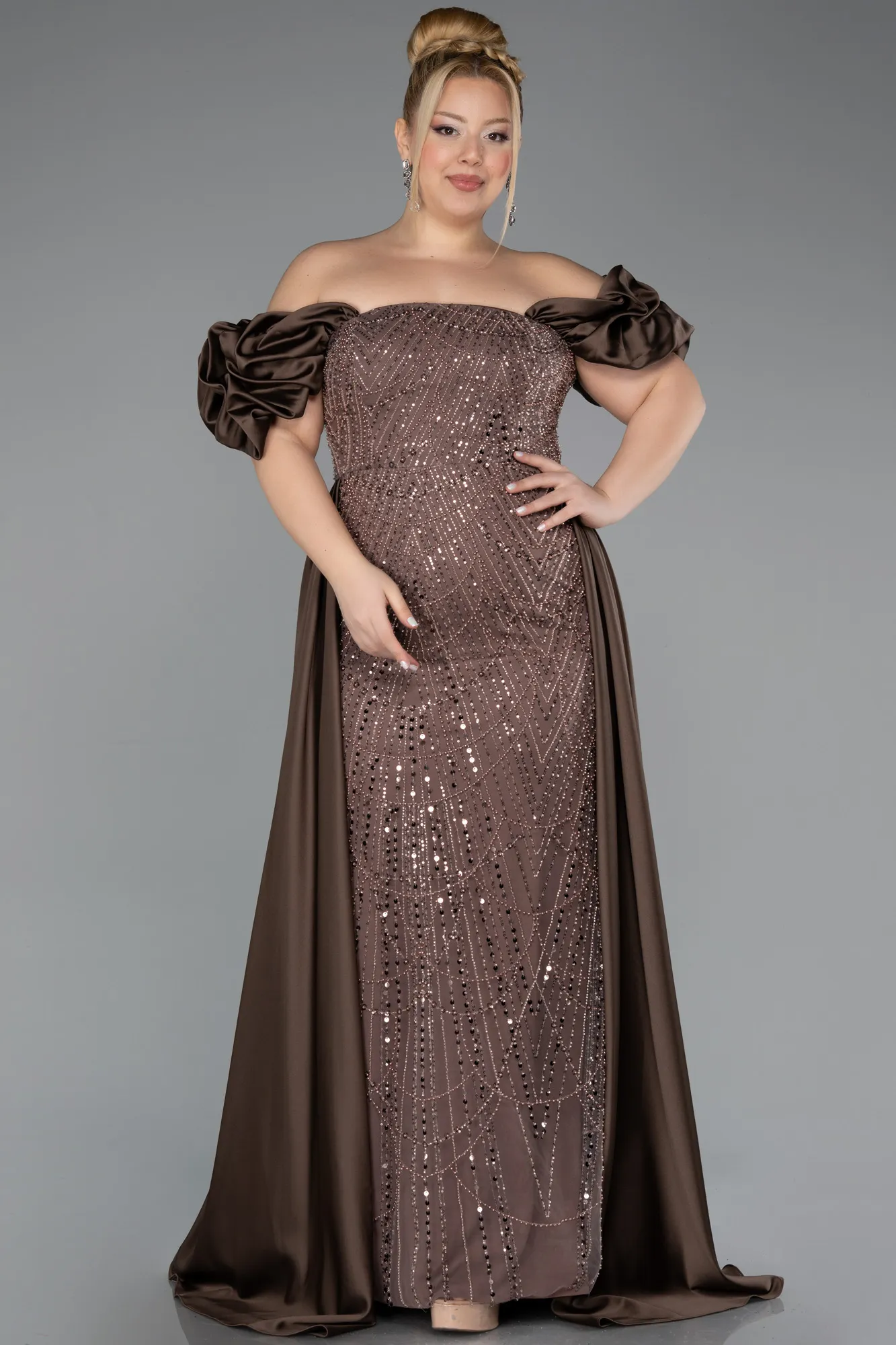 Brown-Long Beaded Plus Size Evening Dress ABU5155