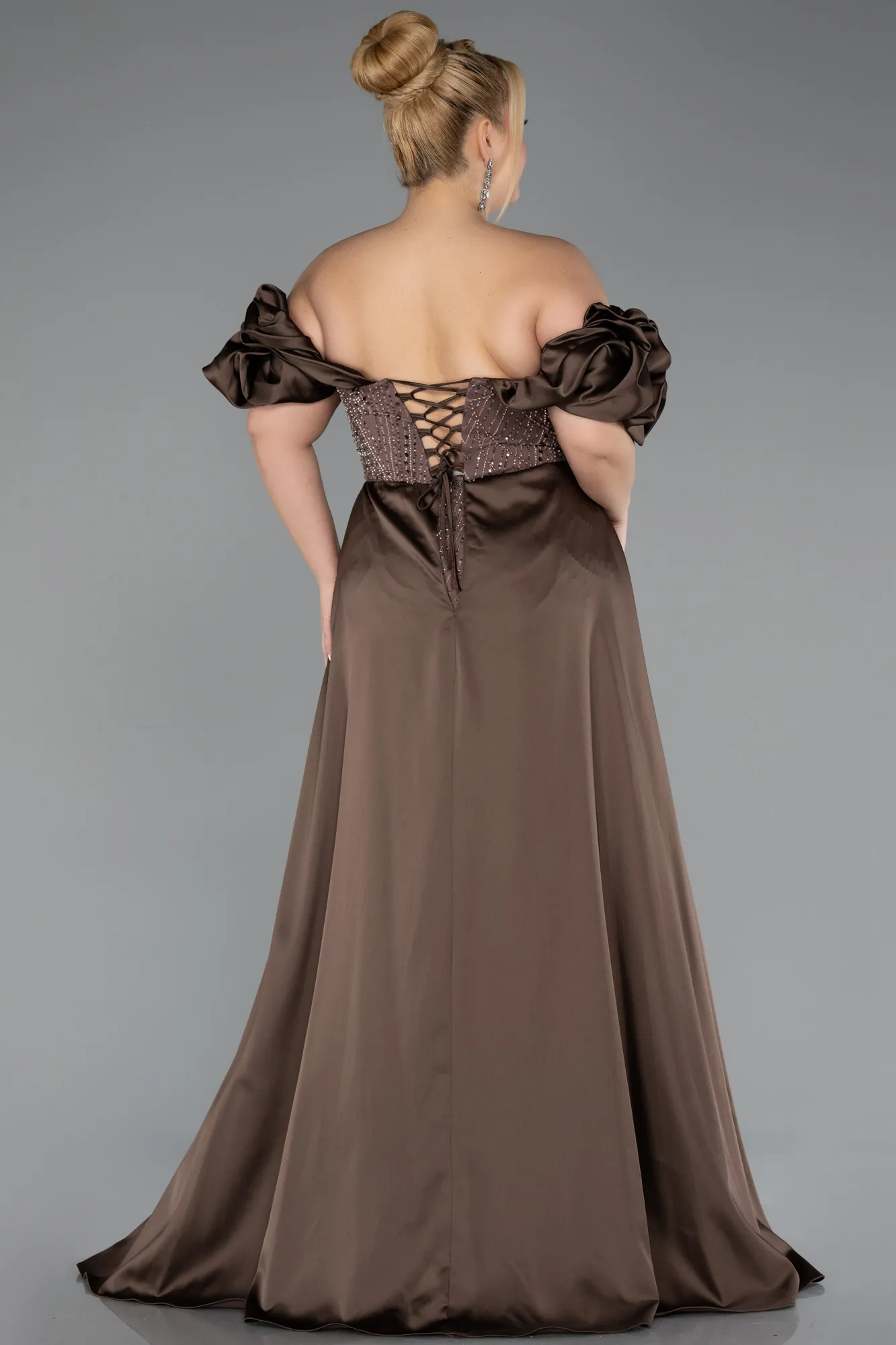 Brown-Long Beaded Plus Size Evening Dress ABU5155