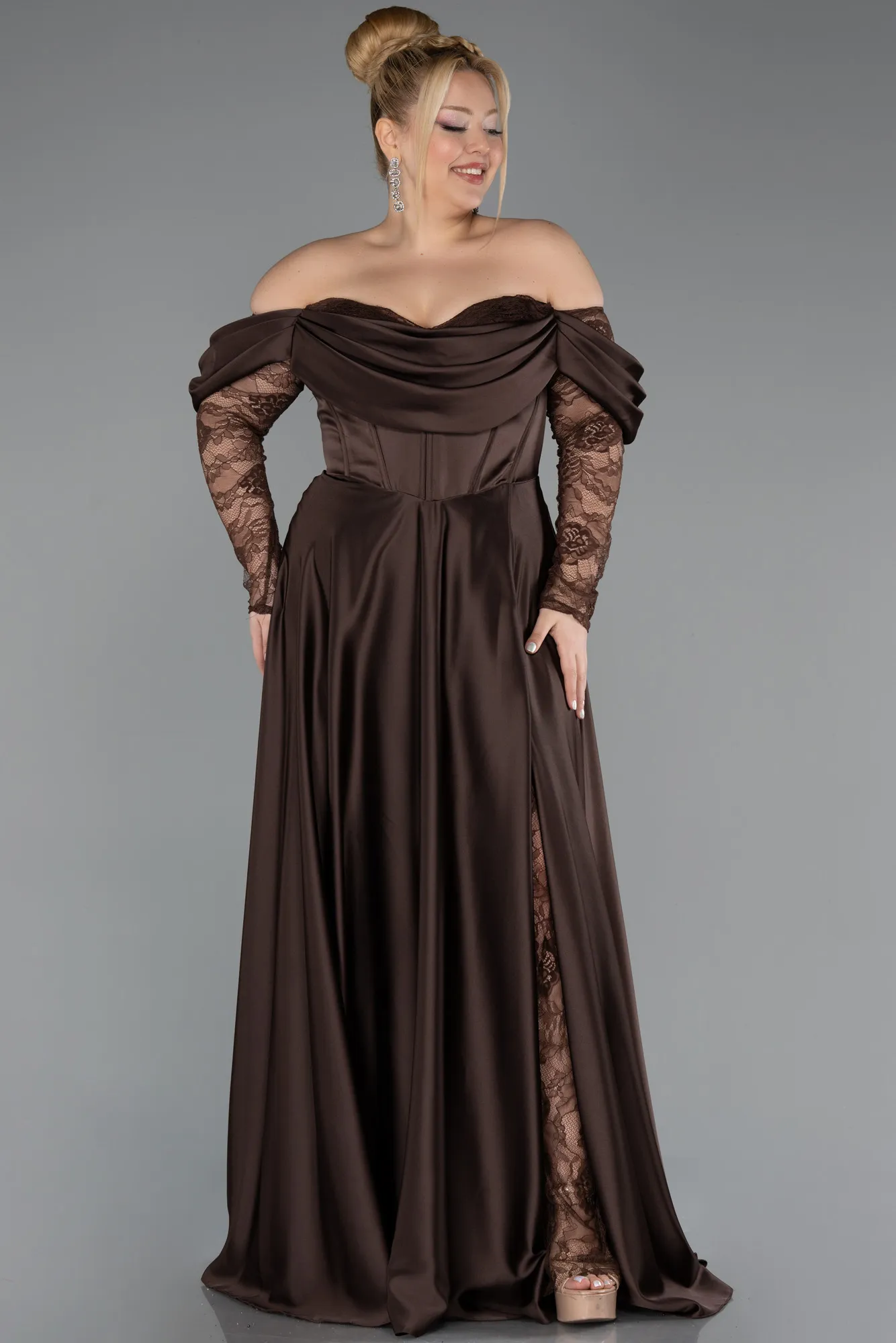 Brown-Long Satin Formal Plus Size Dress ABU5261