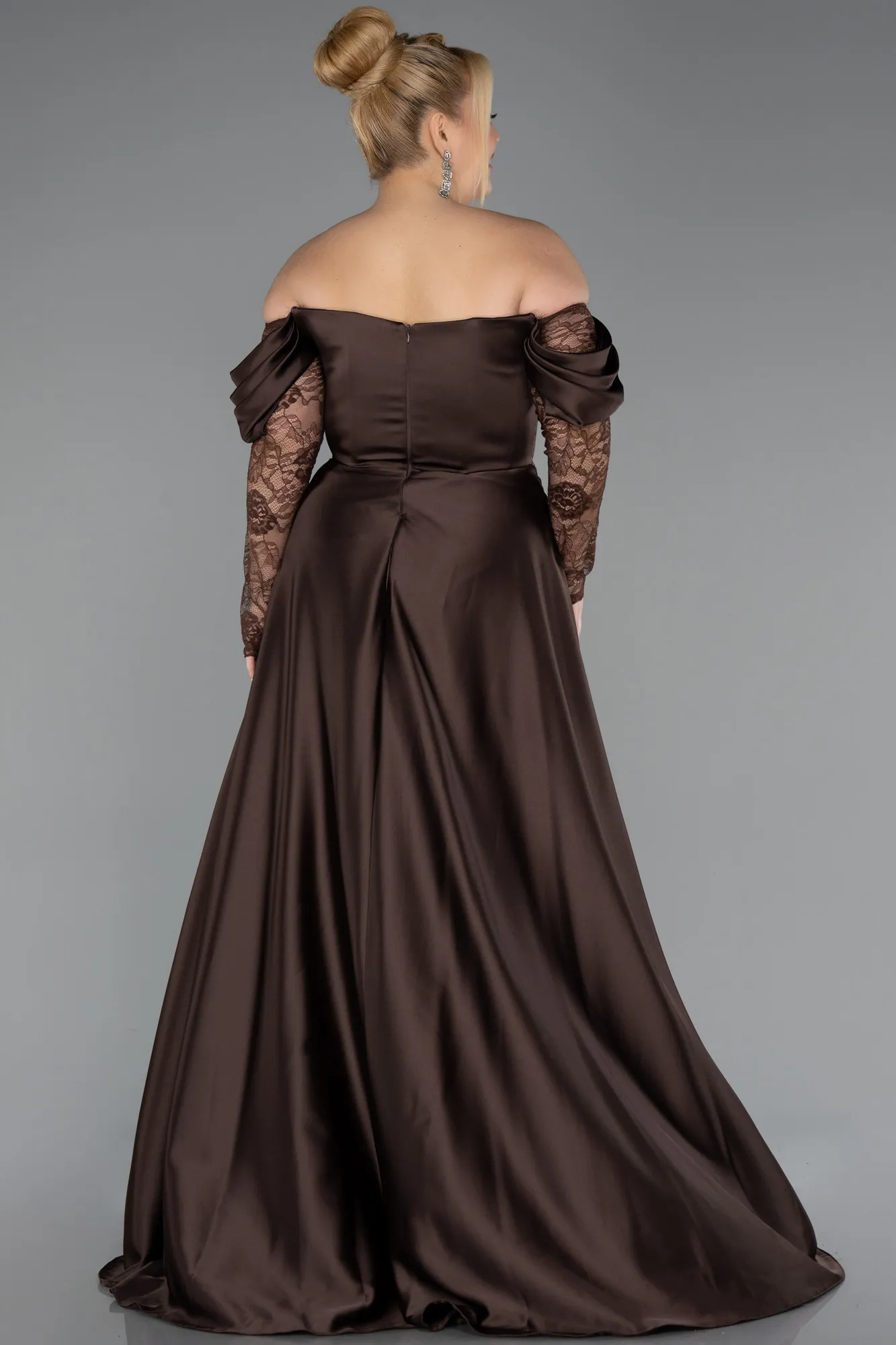 Brown-Long Satin Formal Plus Size Dress ABU5261
