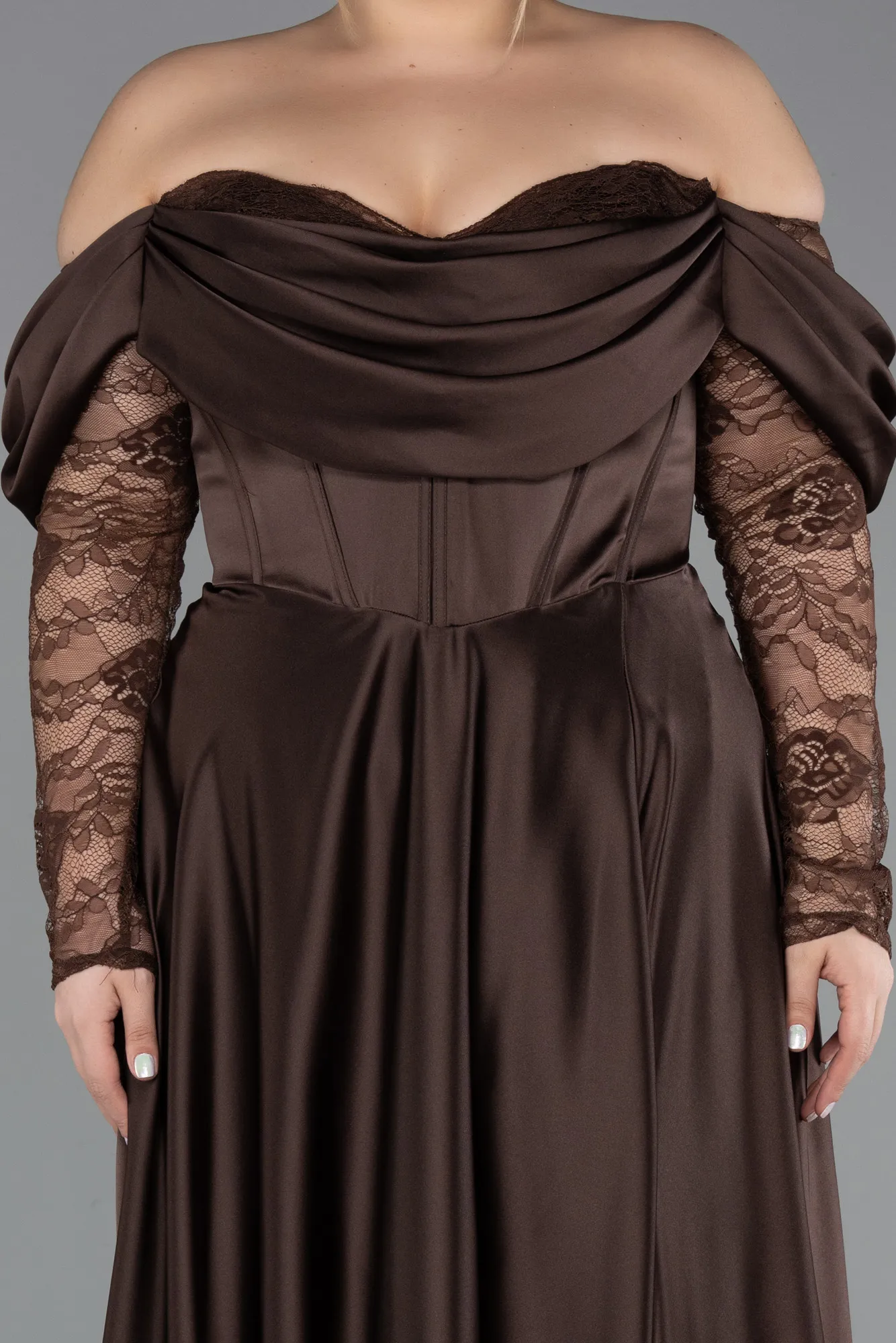 Brown-Long Satin Formal Plus Size Dress ABU5261