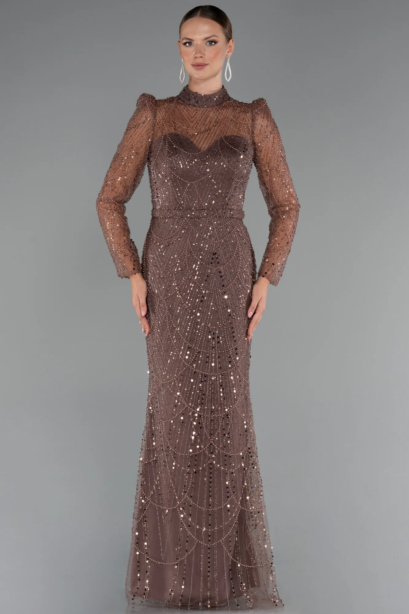 Brown-Long Sleeve High Collar Stoned Evening Gown ABU4526