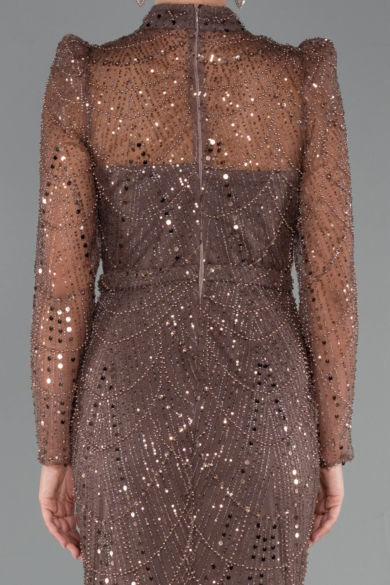 Brown-Long Sleeve High Collar Stoned Evening Gown ABU4526