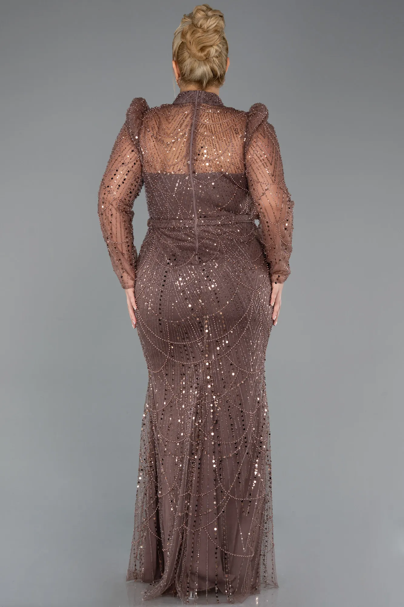 Brown-Long Sleeve High Collar Stoned Plus Size Evening Gown ABU4527