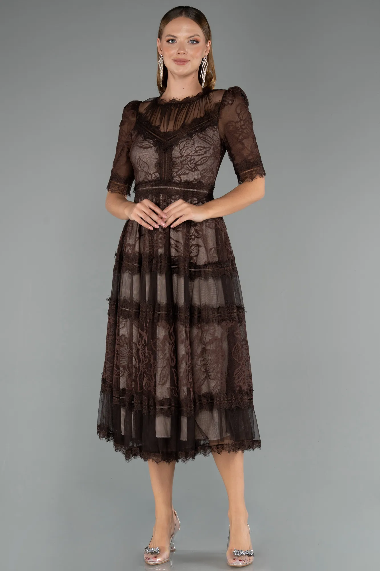 Brown-Midi Dantelle Night Dress ABK1388