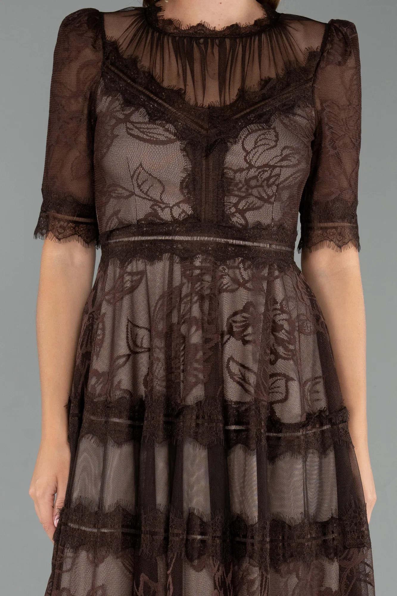 Brown-Midi Dantelle Night Dress ABK1388