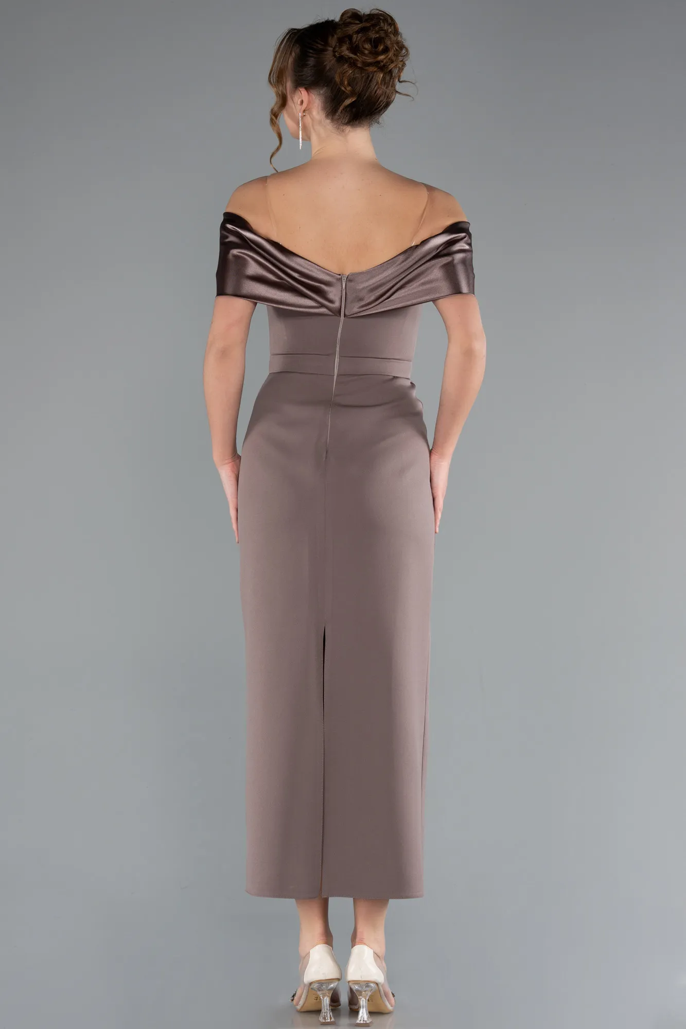 Brown-Satin Boat Neck Stone Midi Evening Dress ABK2212