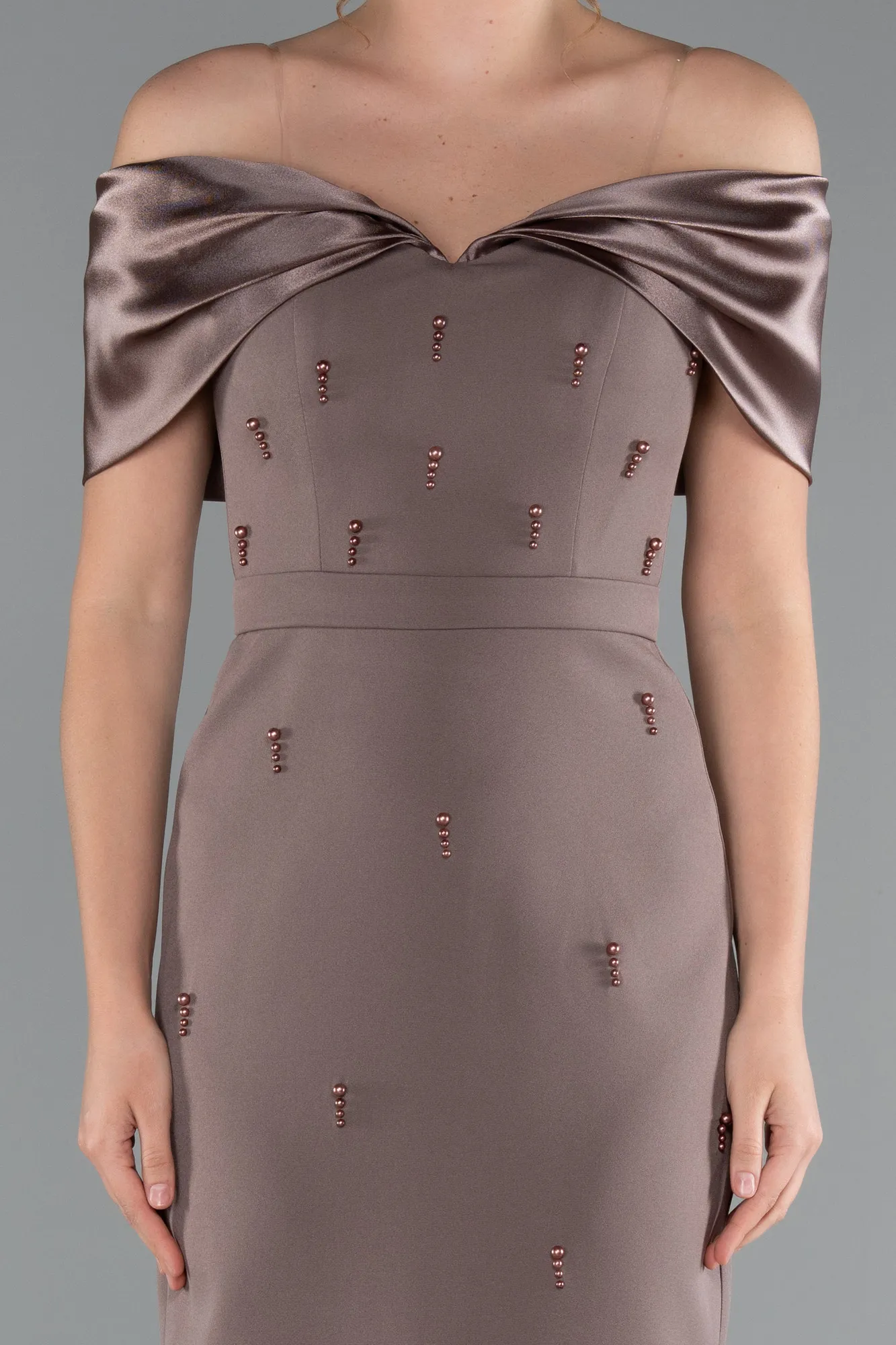 Brown-Satin Boat Neck Stone Midi Evening Dress ABK2212