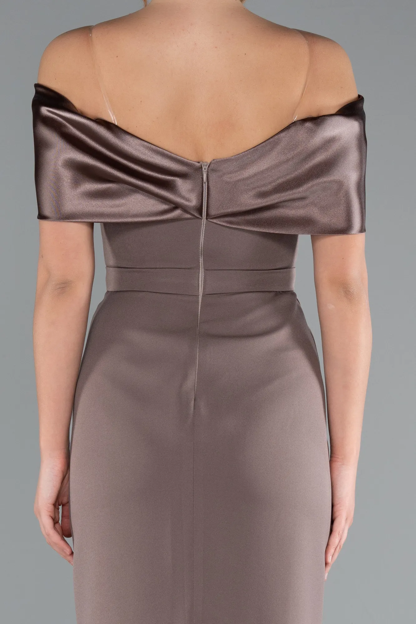 Brown-Satin Boat Neck Stone Midi Evening Dress ABK2212