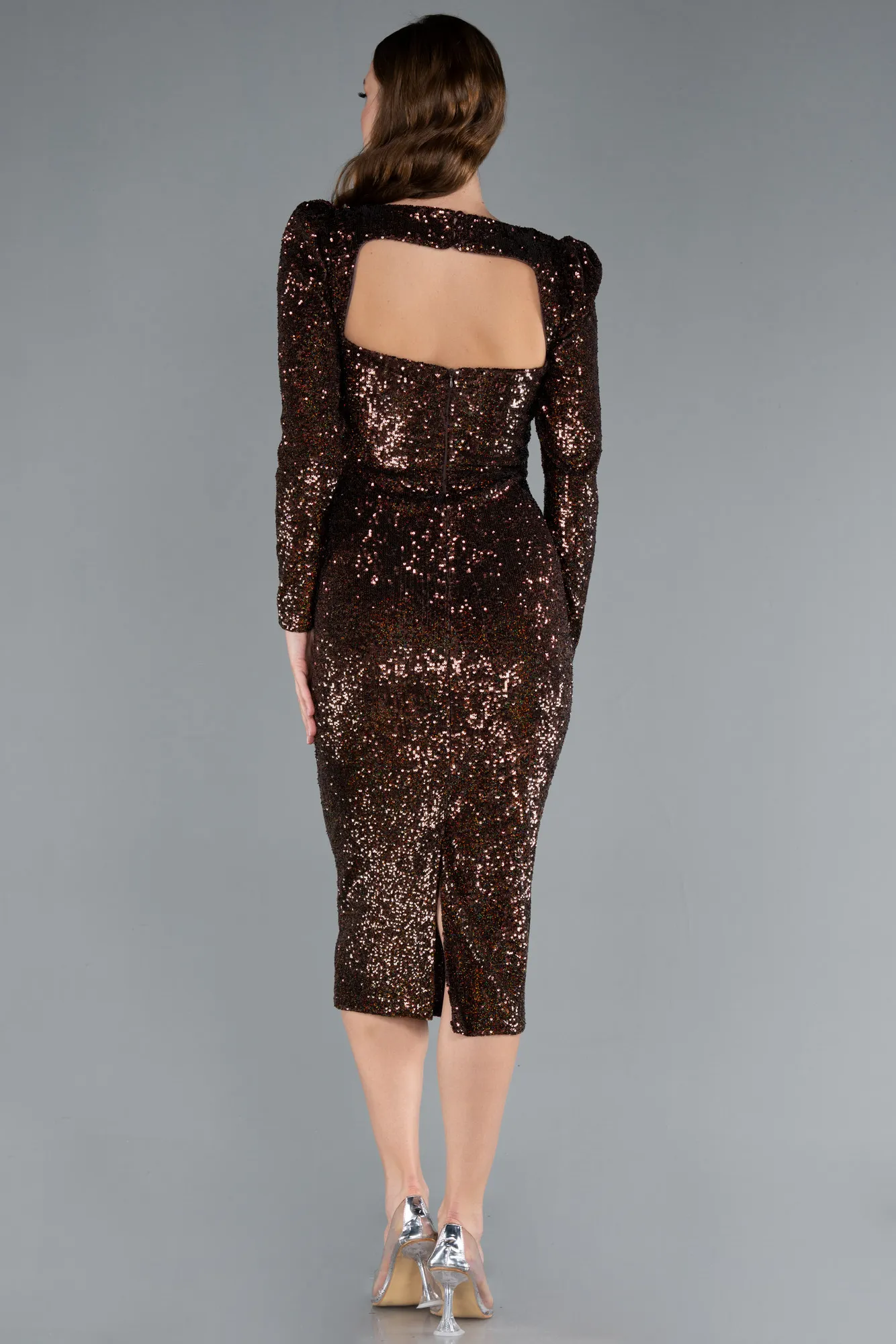 Brown-Square Neck Long Sleeve Midi Sequin Cocktail Dress ABK2312