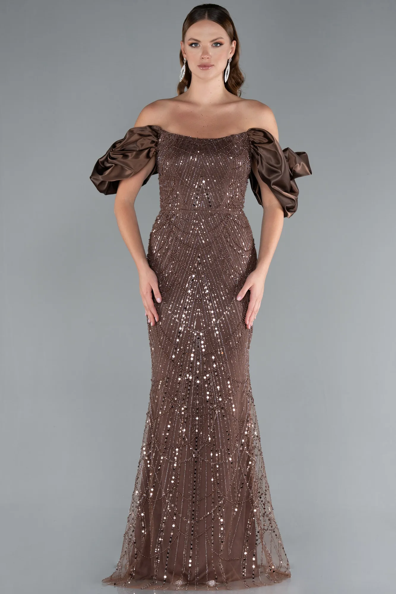 Brown-Stoned Strapless Sleeve Accessories Long Mermaid Evening Gown ABU4509