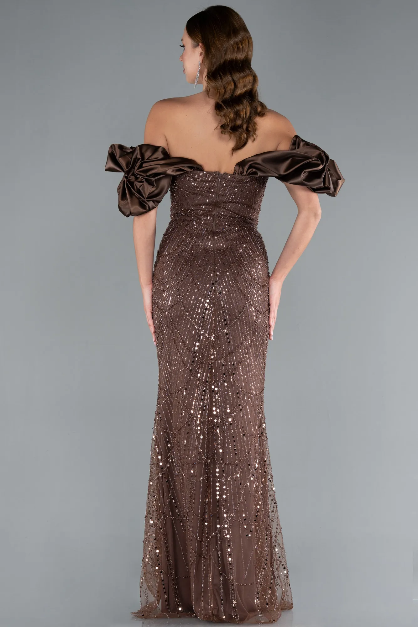 Brown-Stoned Strapless Sleeve Accessories Long Mermaid Evening Gown ABU4509