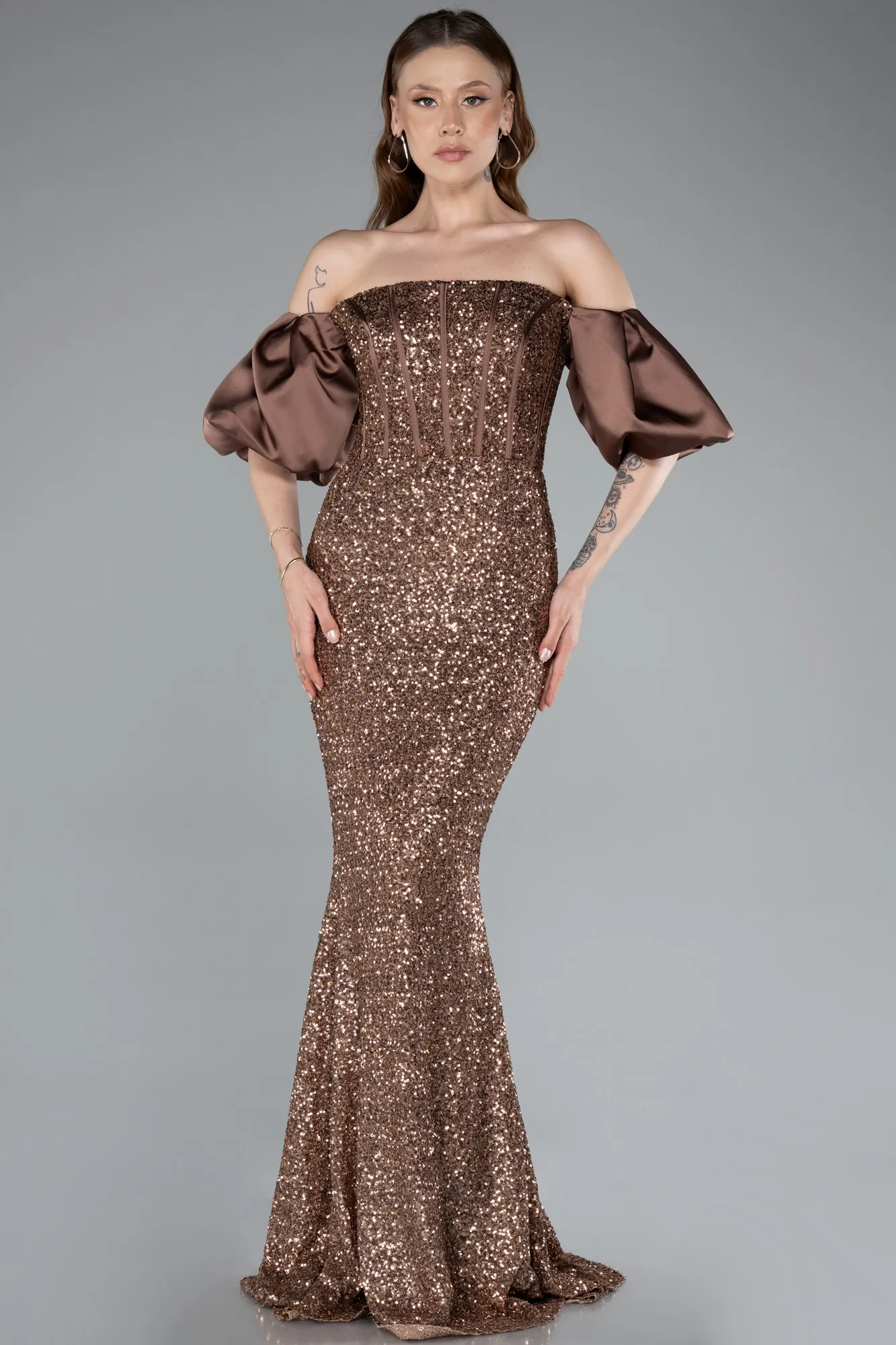 Brown-Strapless Sleeve Accessories Long Scaly Evening Gown ABU4308
