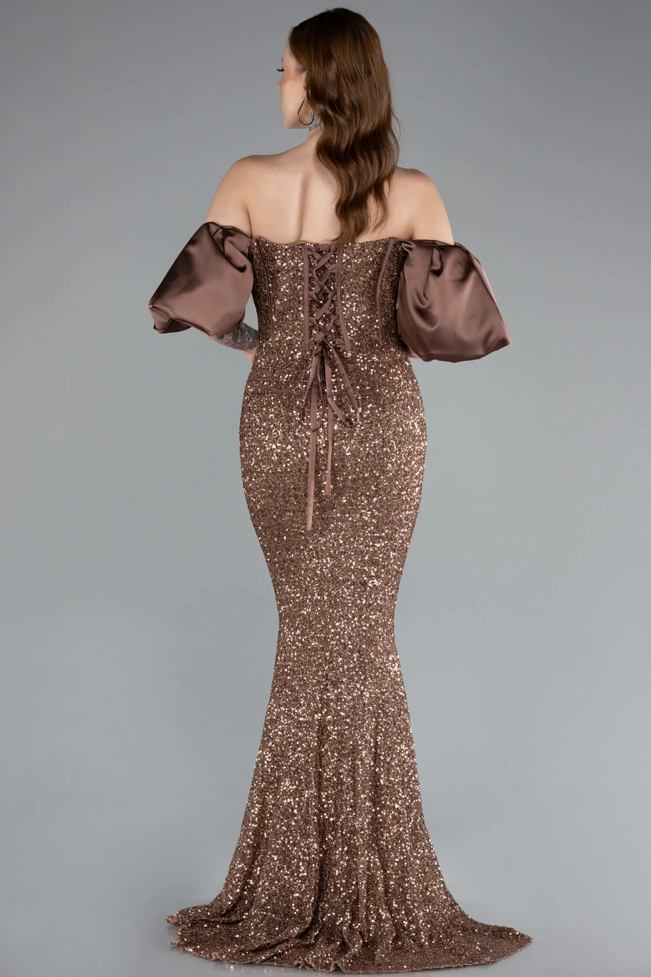 Brown-Strapless Sleeve Accessories Long Scaly Evening Gown ABU4308