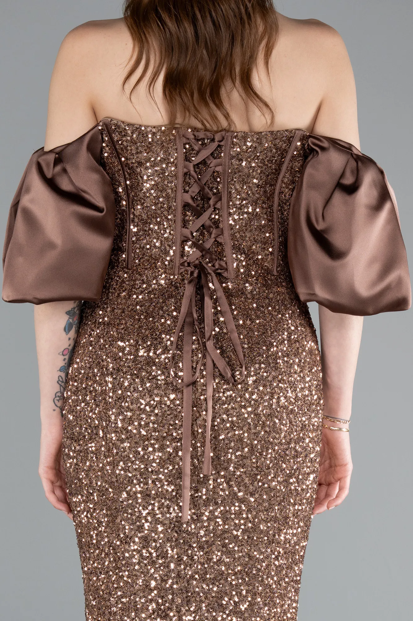 Brown-Strapless Sleeve Accessories Long Scaly Evening Gown ABU4308