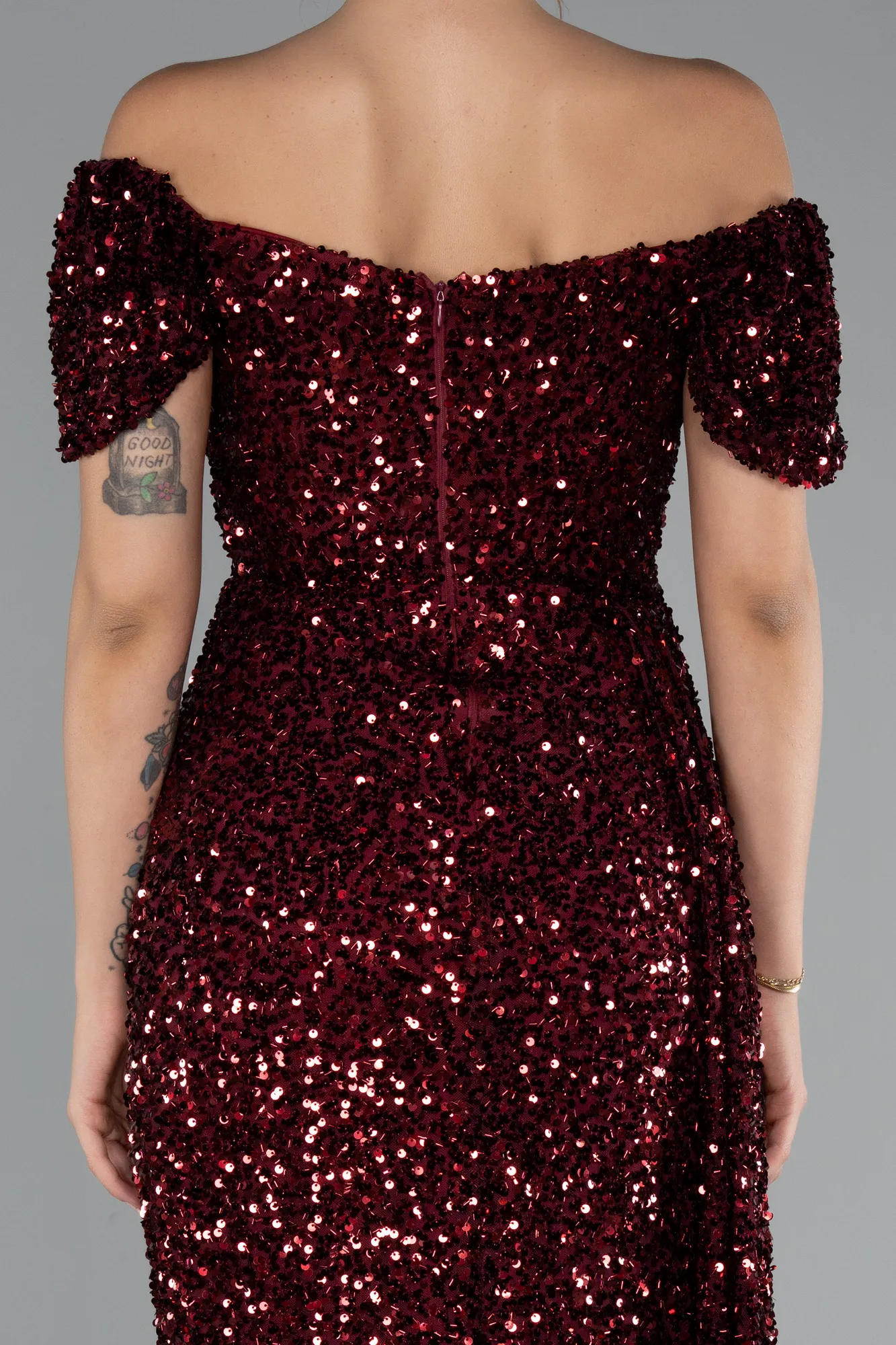 Burgundy-Boat Neck Slit Long Sequin Evening Gown ABU4843