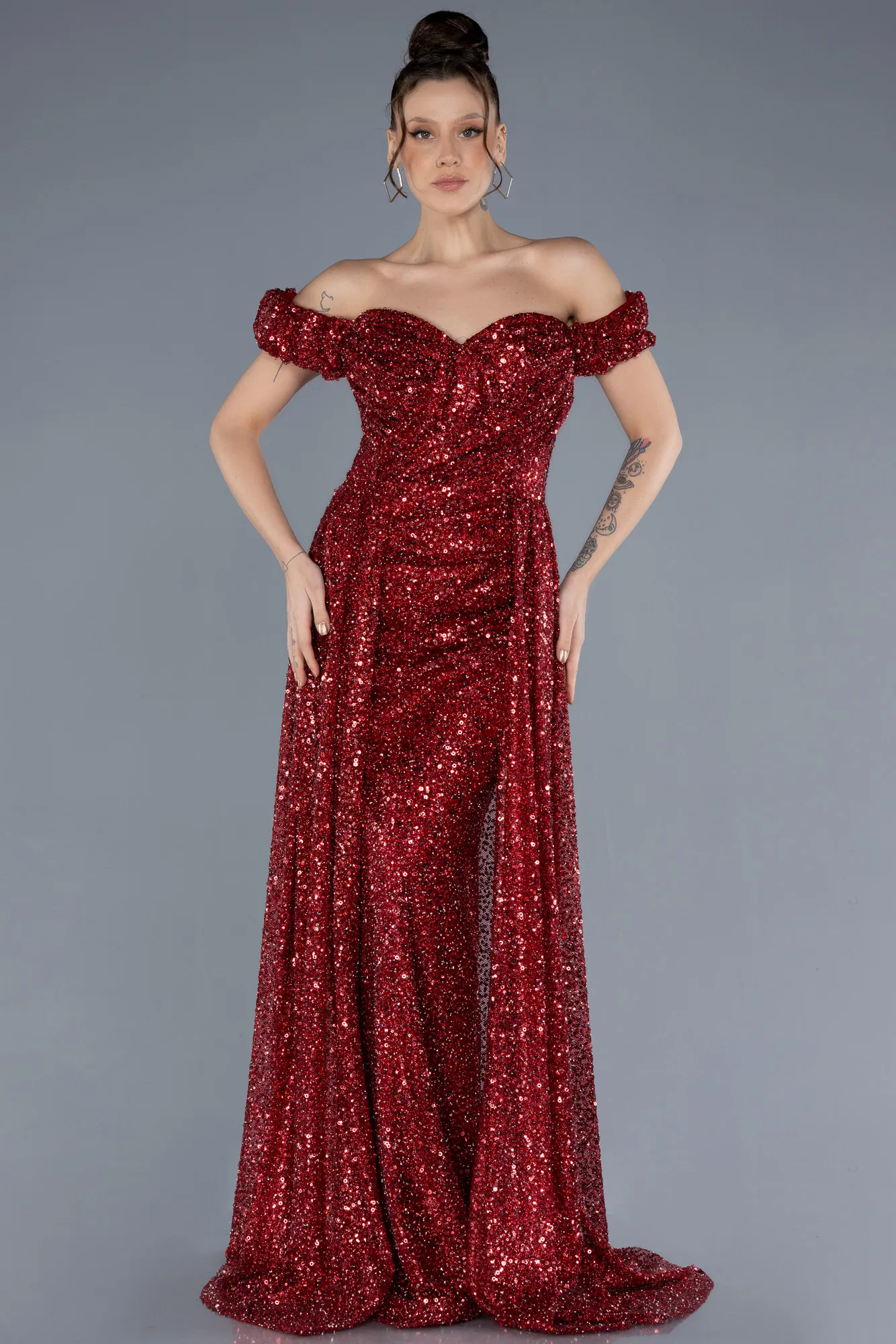 Burgundy-Boat Neck Tail Long Stone Evening Gown ABU4224