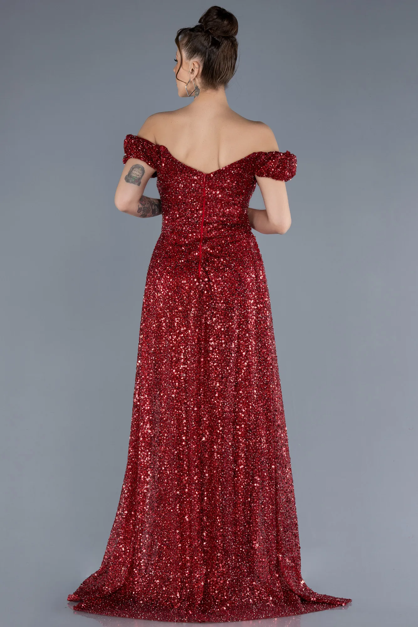 Burgundy-Boat Neck Tail Long Stone Evening Gown ABU4224