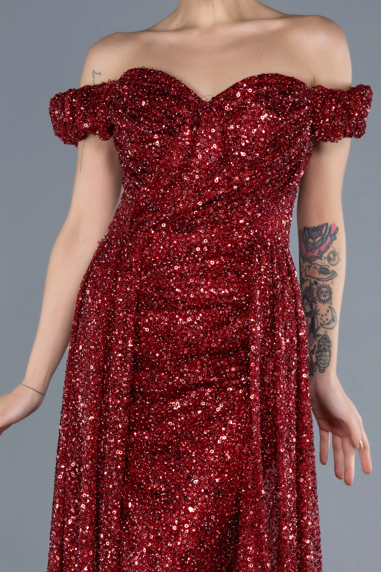 Burgundy-Boat Neck Tail Long Stone Evening Gown ABU4224