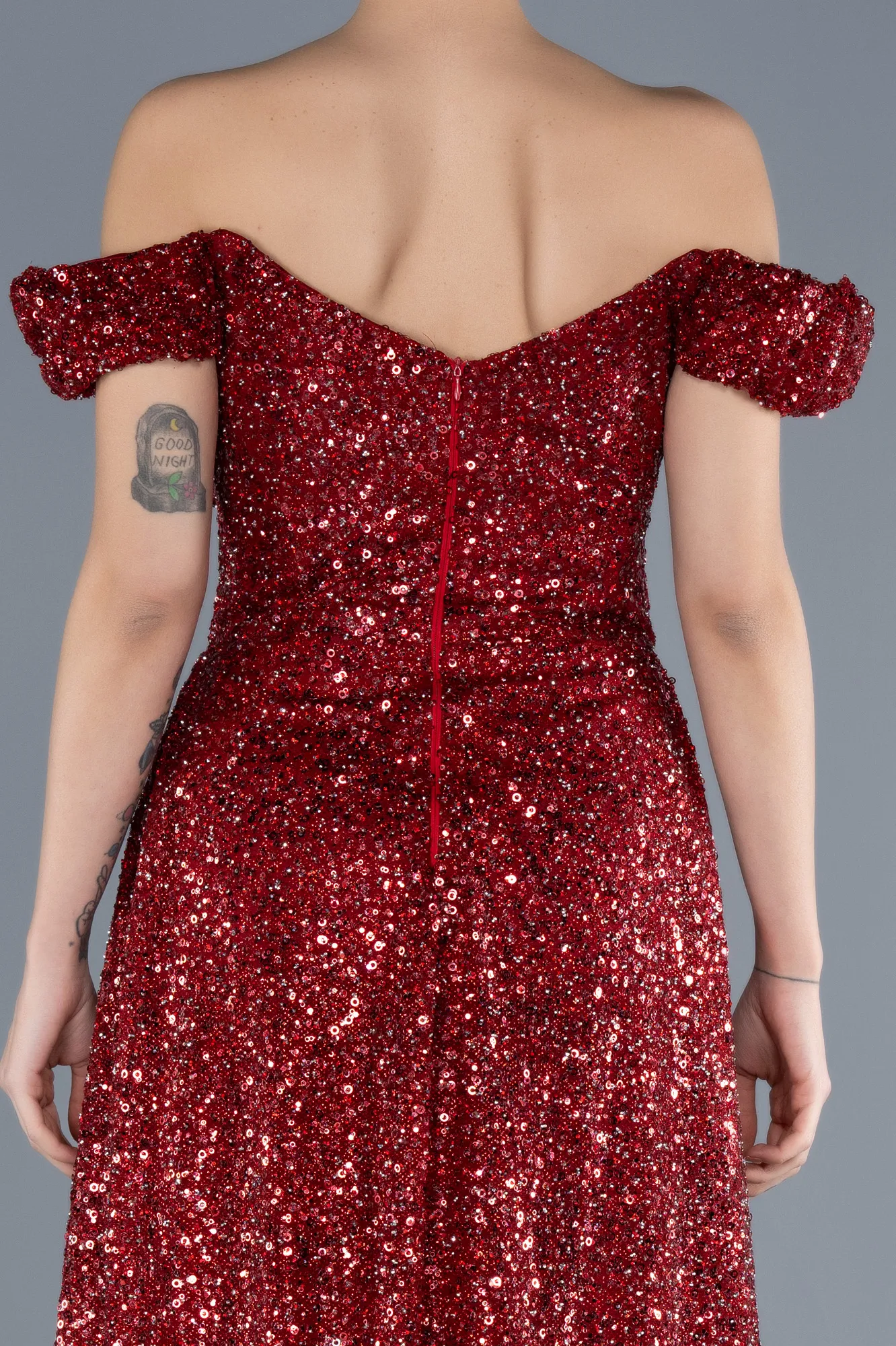 Burgundy-Boat Neck Tail Long Stone Evening Gown ABU4224